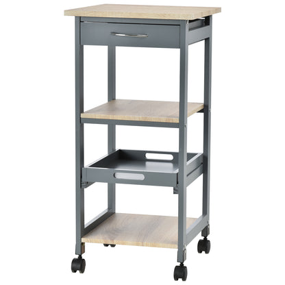 Kitchen Service Cart Trolley with Wheels 2 Shelves + Removable Tray + Drawer Pine Wood MDF Gray Light Oak