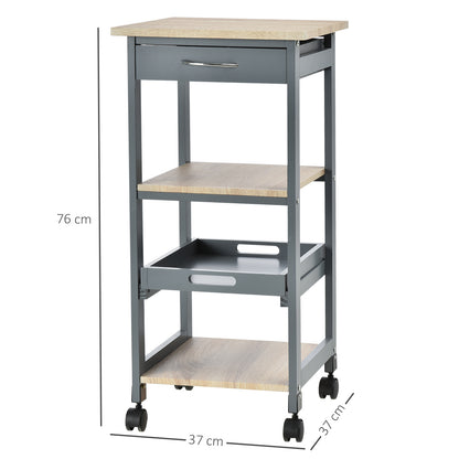 Kitchen Service Cart Trolley with Wheels 2 Shelves + Removable Tray + Drawer Pine Wood MDF Gray Light Oak