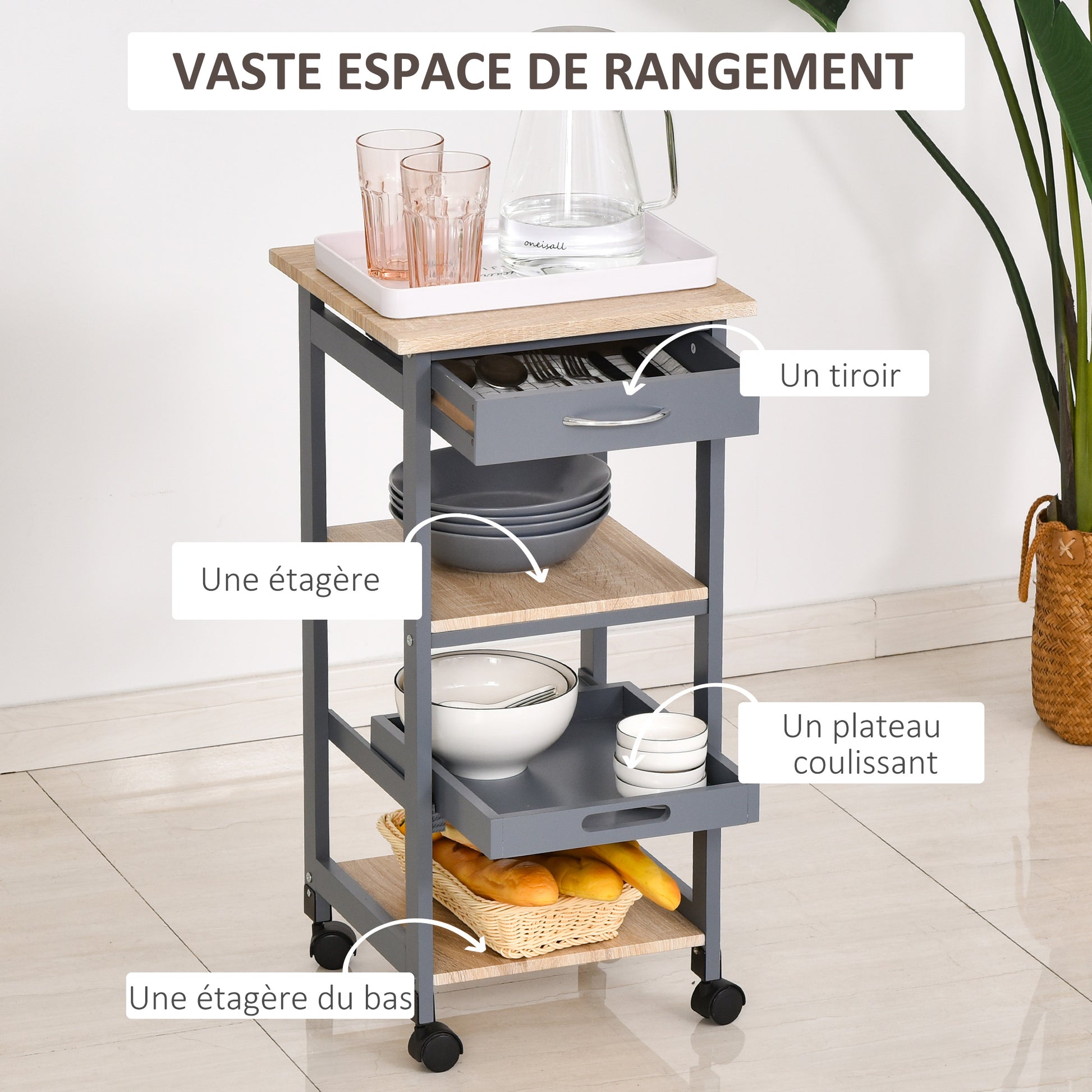 Kitchen Service Cart Trolley with Wheels 2 Shelves + Removable Tray + Drawer Pine Wood MDF Gray Light Oak