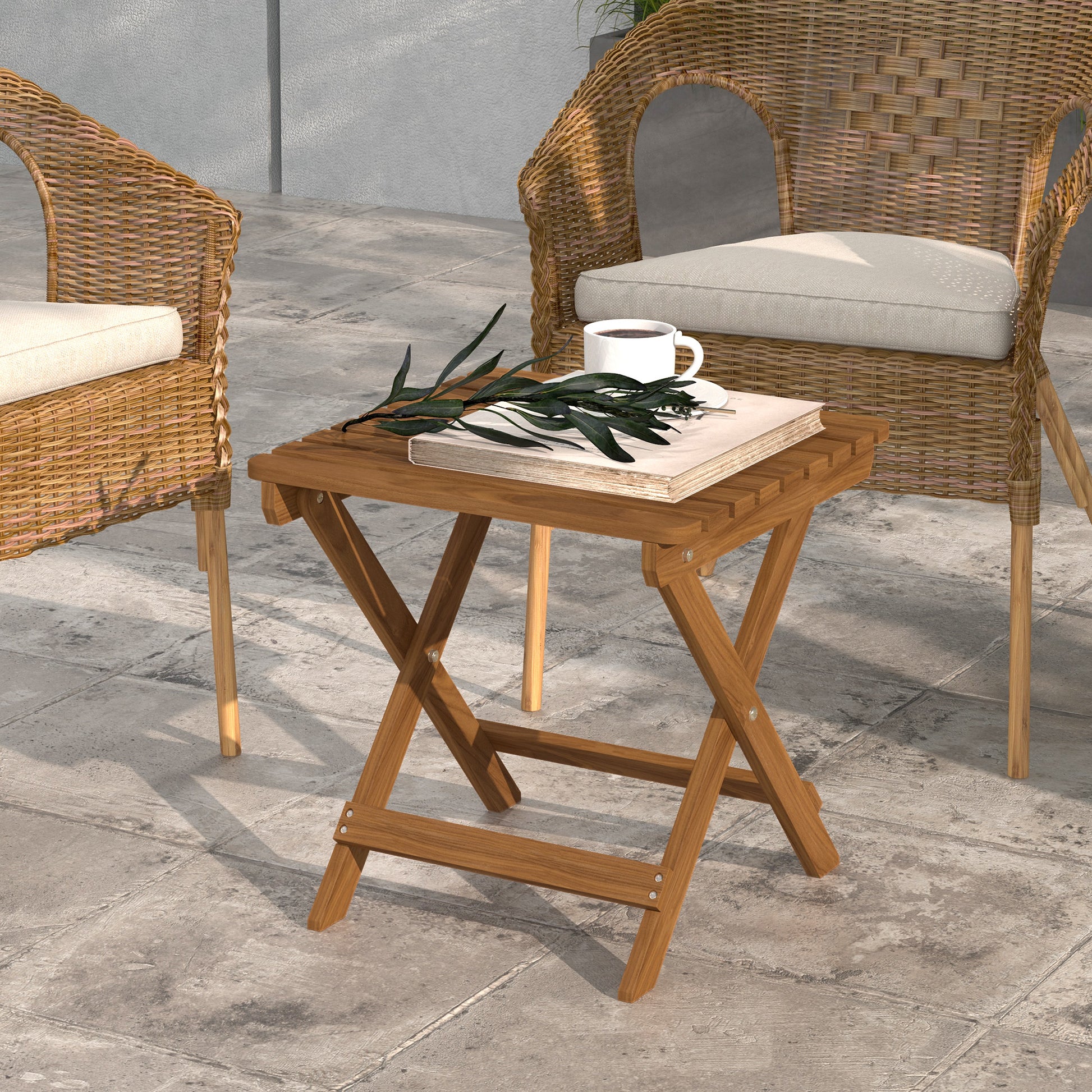 Side Table Outdoor, Set of 2 Garden Tables, Folding Camping Table made of Wood, Folding Table for Garden, Balcony, Teak, 45 x 45 x 45 cm