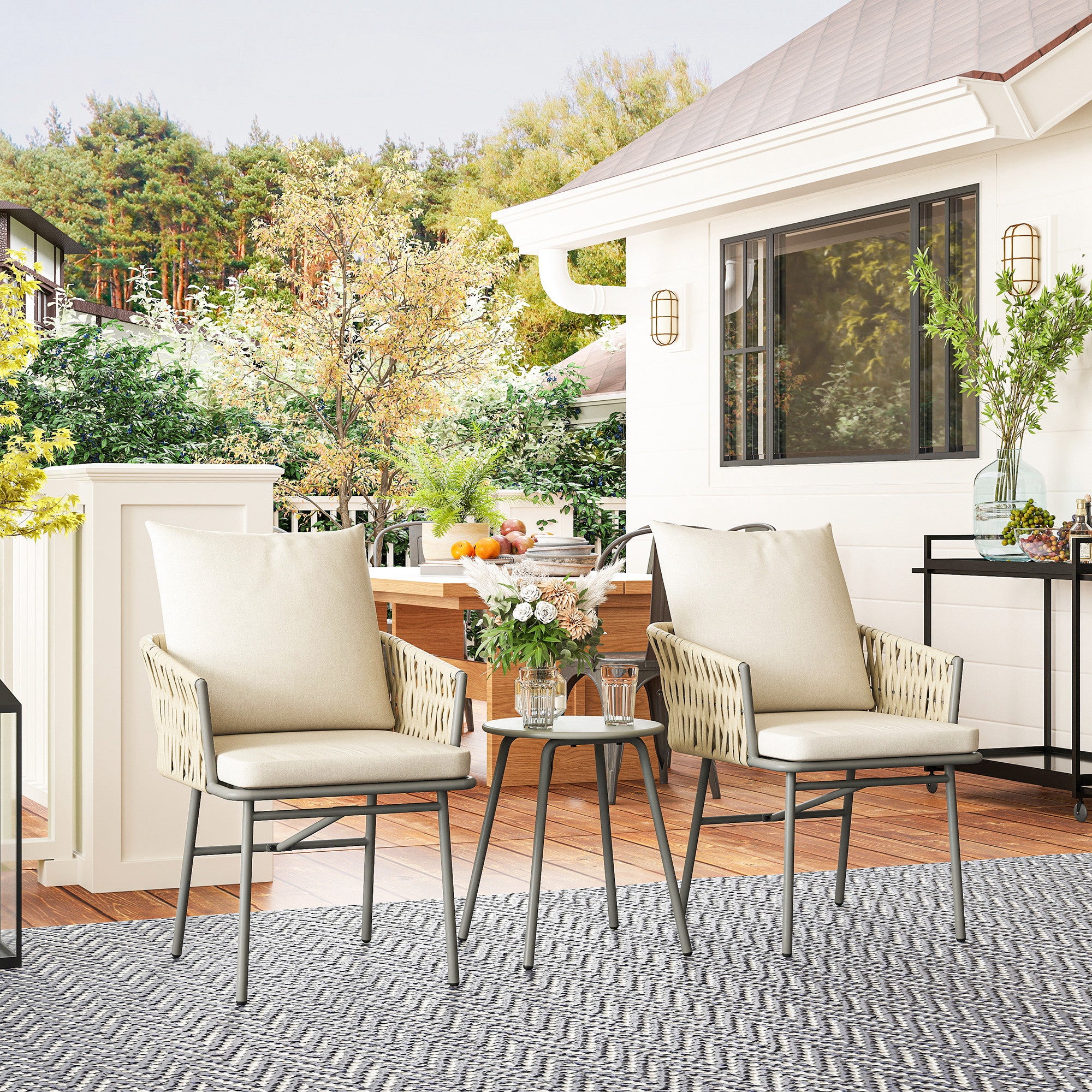 3-Piece Outdoor Garden Set Furniture with 2 Chairs with Removable Washable Cushions and Waterproof Anti-UV Metal Topped Terrace Table for Balcony Patio Gray and Cream