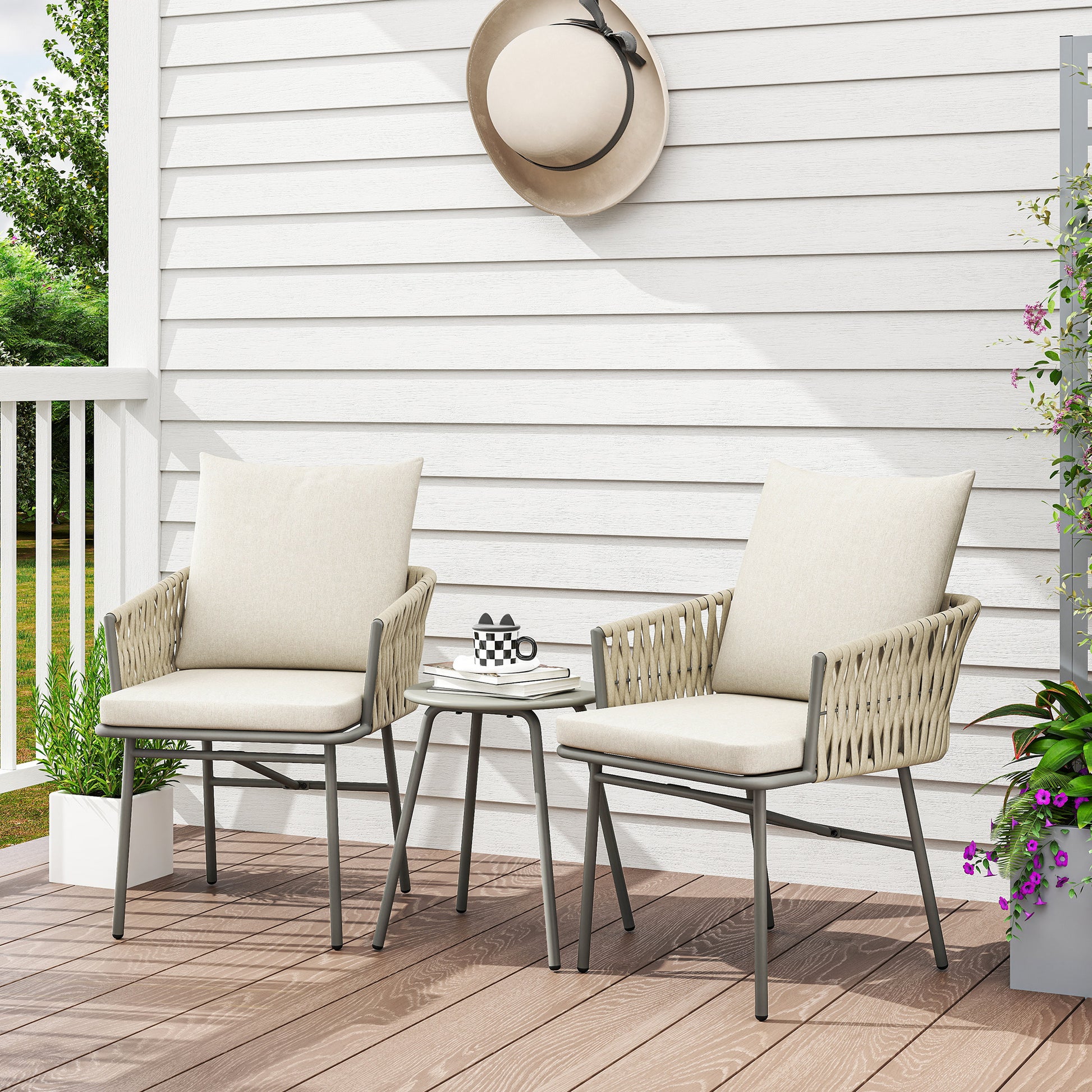 3-Piece Outdoor Garden Set Furniture with 2 Chairs with Removable Washable Cushions and Waterproof Anti-UV Metal Topped Terrace Table for Balcony Patio Gray and Cream