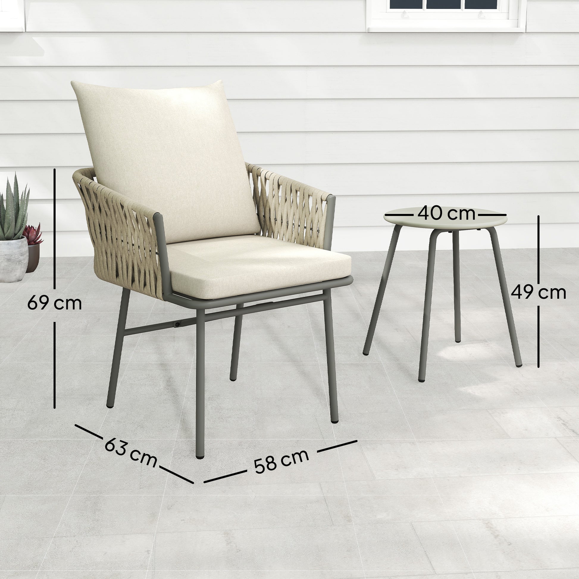 3-Piece Outdoor Garden Set Furniture with 2 Chairs with Removable Washable Cushions and Waterproof Anti-UV Metal Topped Terrace Table for Balcony Patio Gray and Cream