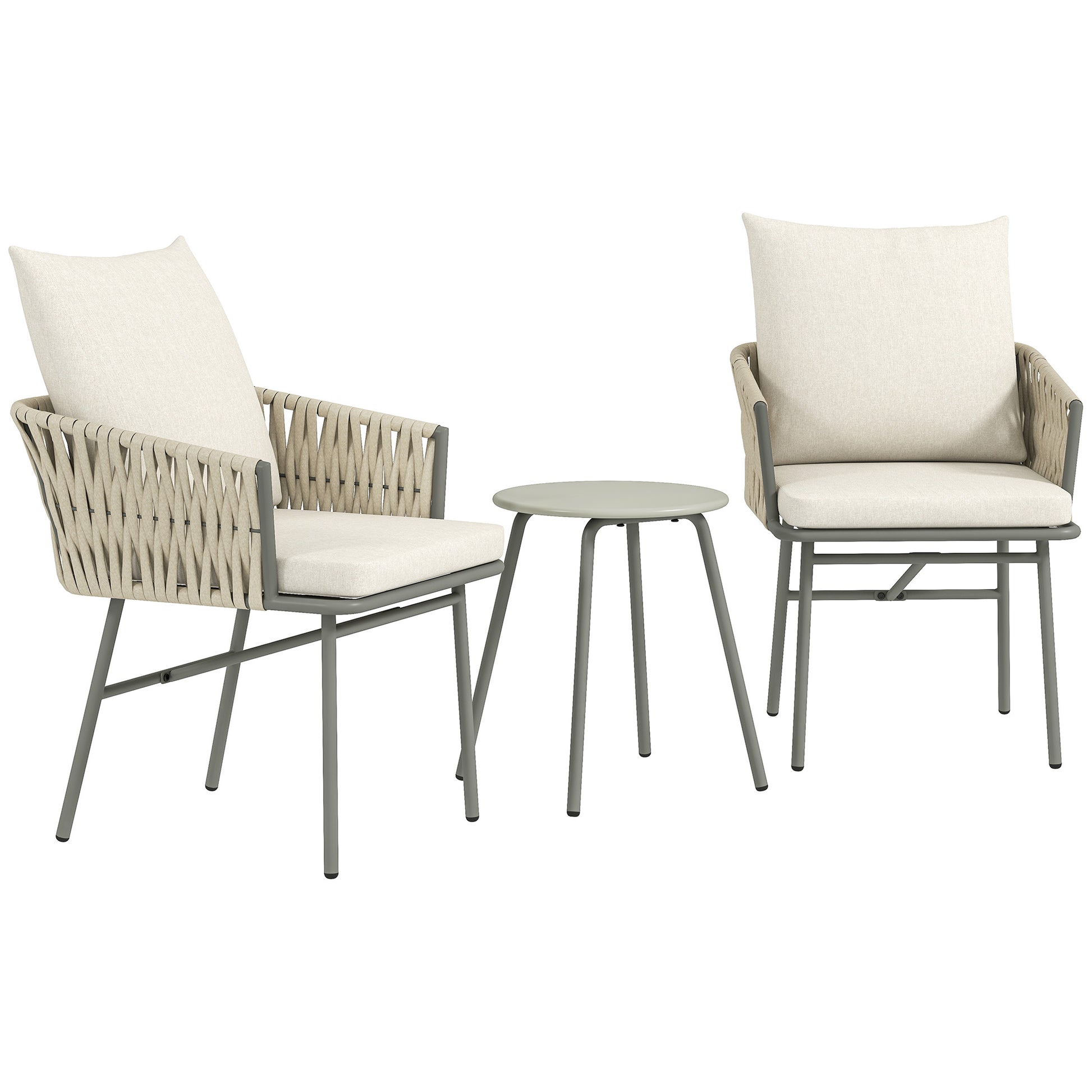 3-Piece Outdoor Garden Set Furniture with 2 Chairs with Removable Washable Cushions and Waterproof Anti-UV Metal Topped Terrace Table for Balcony Patio Gray and Cream