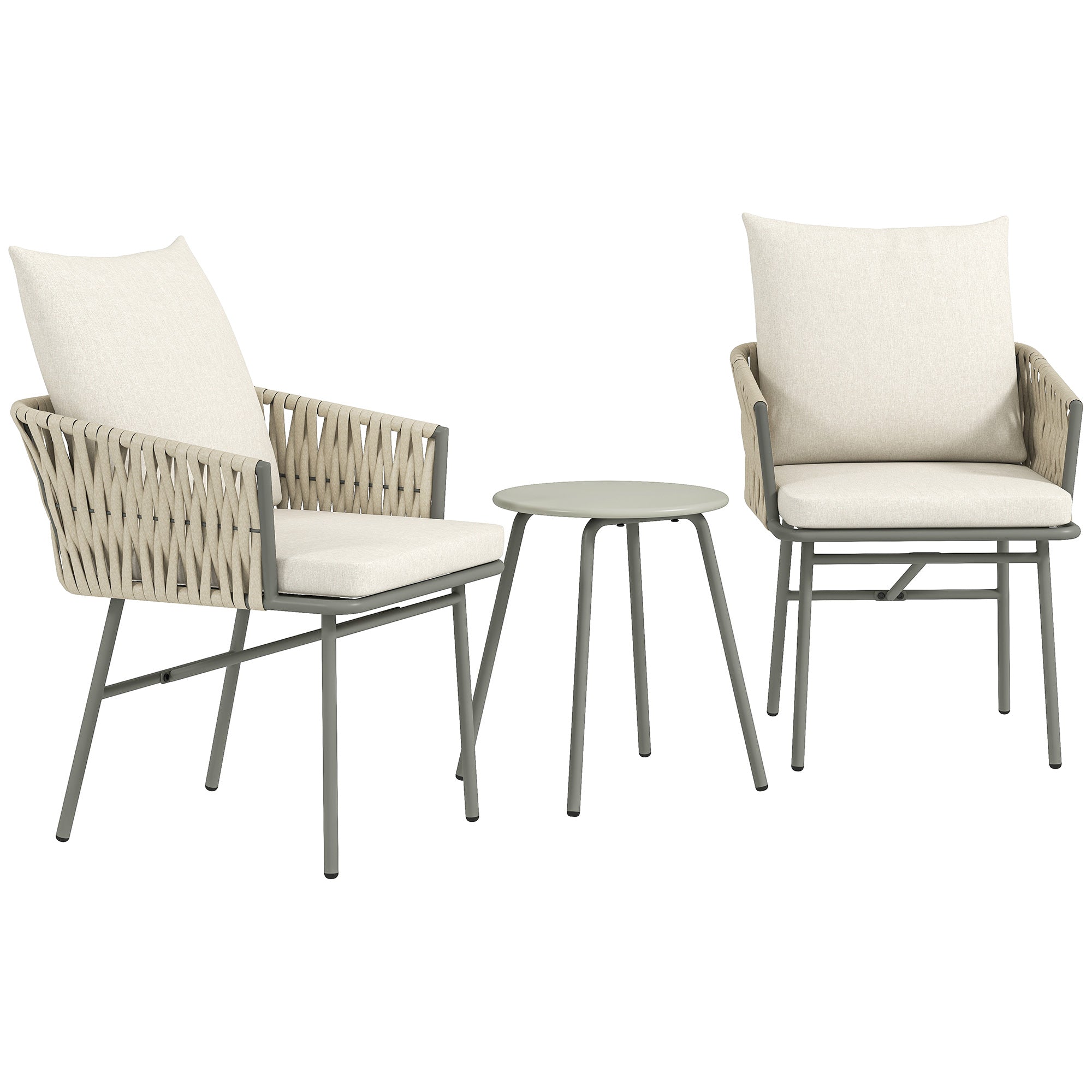 3-Piece Outdoor Garden Set Furniture with 2 Chairs with Removable Washable Cushions and Waterproof Anti-UV Metal Topped Terrace Table for Balcony Patio Gray and Cream