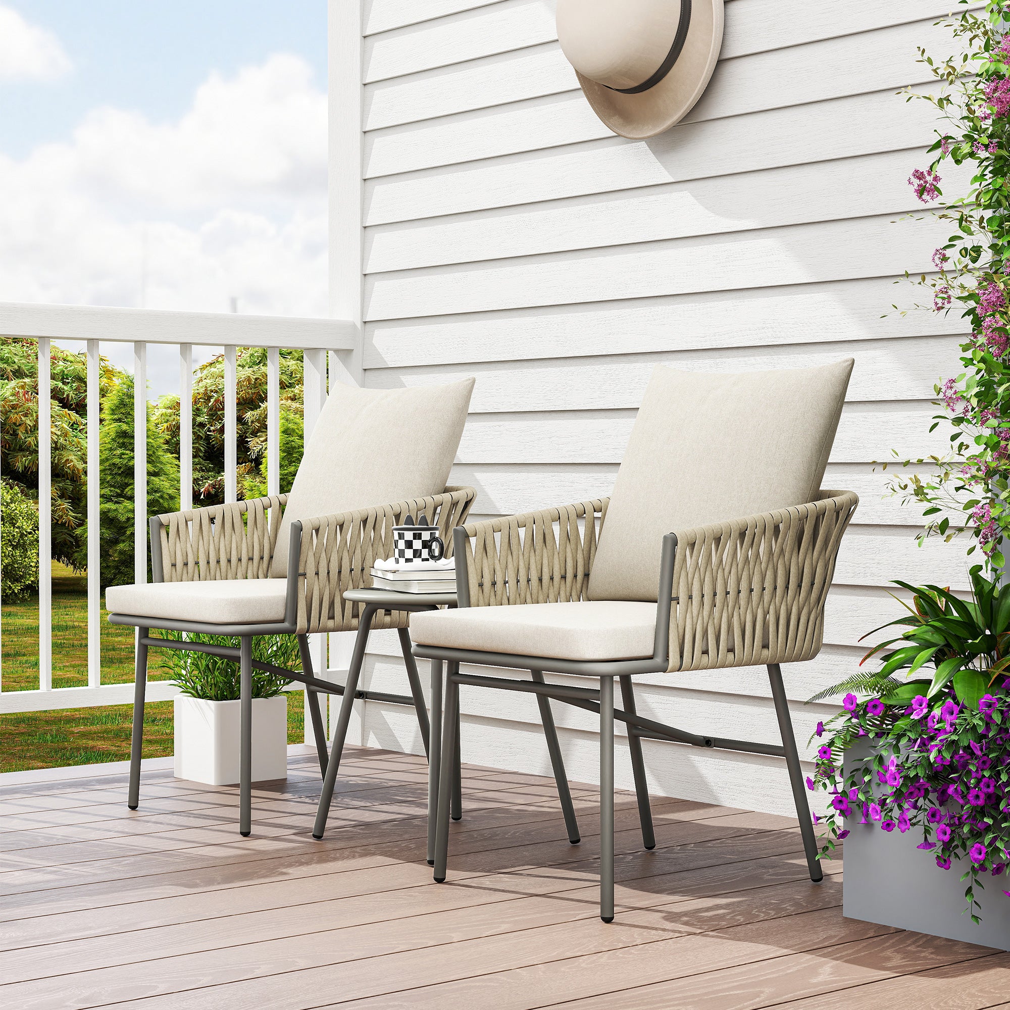 3-Piece Outdoor Garden Set Furniture with 2 Chairs with Removable Washable Cushions and Waterproof Anti-UV Metal Topped Terrace Table for Balcony Patio Gray and Cream