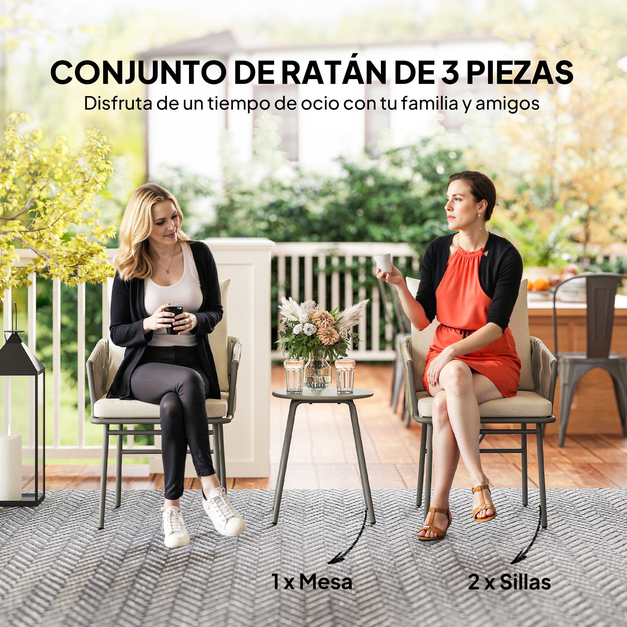 3-Piece Outdoor Garden Set Furniture with 2 Chairs with Removable Washable Cushions and Waterproof Anti-UV Metal Topped Terrace Table for Balcony Patio Gray and Cream