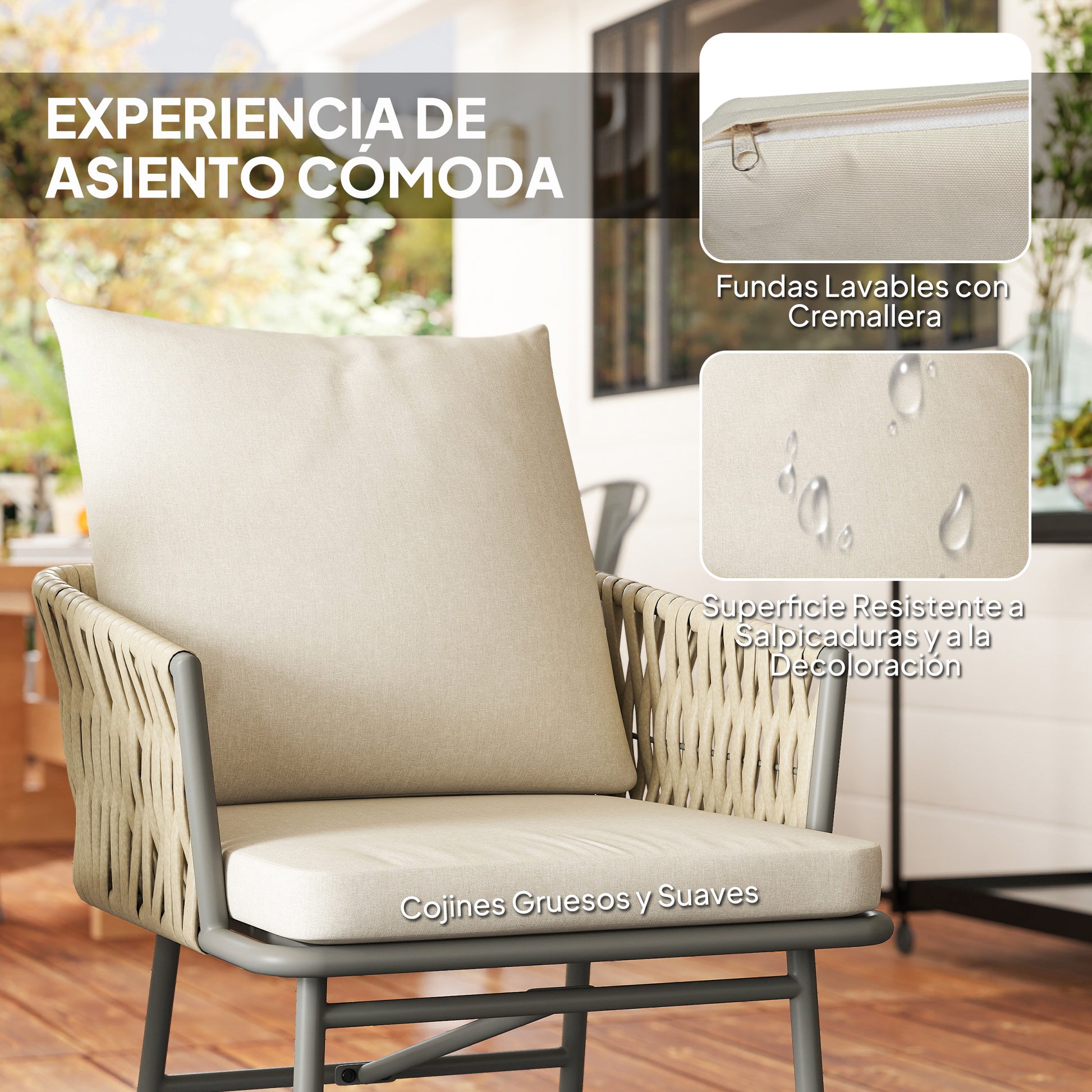 3-Piece Outdoor Garden Set Furniture with 2 Chairs with Removable Washable Cushions and Waterproof Anti-UV Metal Topped Terrace Table for Balcony Patio Gray and Cream