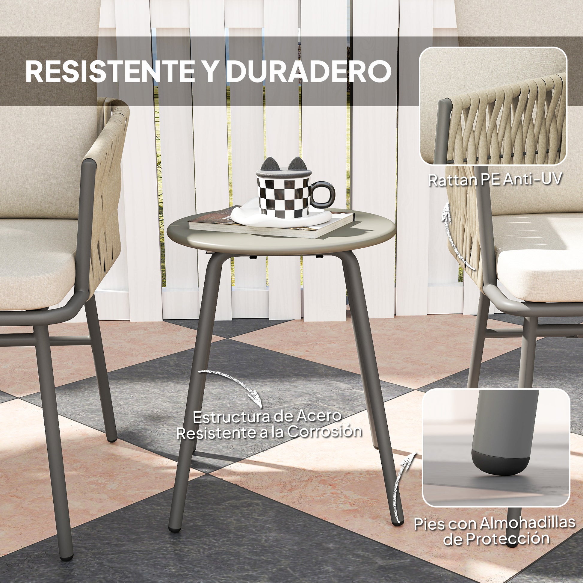 3-Piece Outdoor Garden Set Furniture with 2 Chairs with Removable Washable Cushions and Waterproof Anti-UV Metal Topped Terrace Table for Balcony Patio Gray and Cream