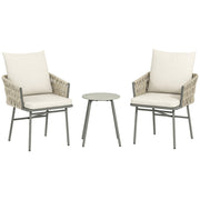3-Piece Outdoor Garden Set Furniture with 2 Chairs with Removable Washable Cushions and Waterproof Anti-UV Metal Topped Terrace Table for Balcony Patio Gray and Cream
