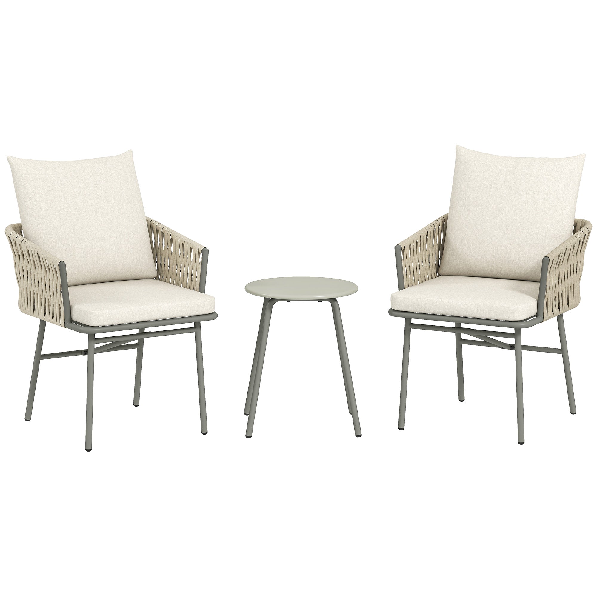 3-Piece Outdoor Garden Set Furniture with 2 Chairs with Removable Washable Cushions and Waterproof Anti-UV Metal Topped Terrace Table for Balcony Patio Gray and Cream