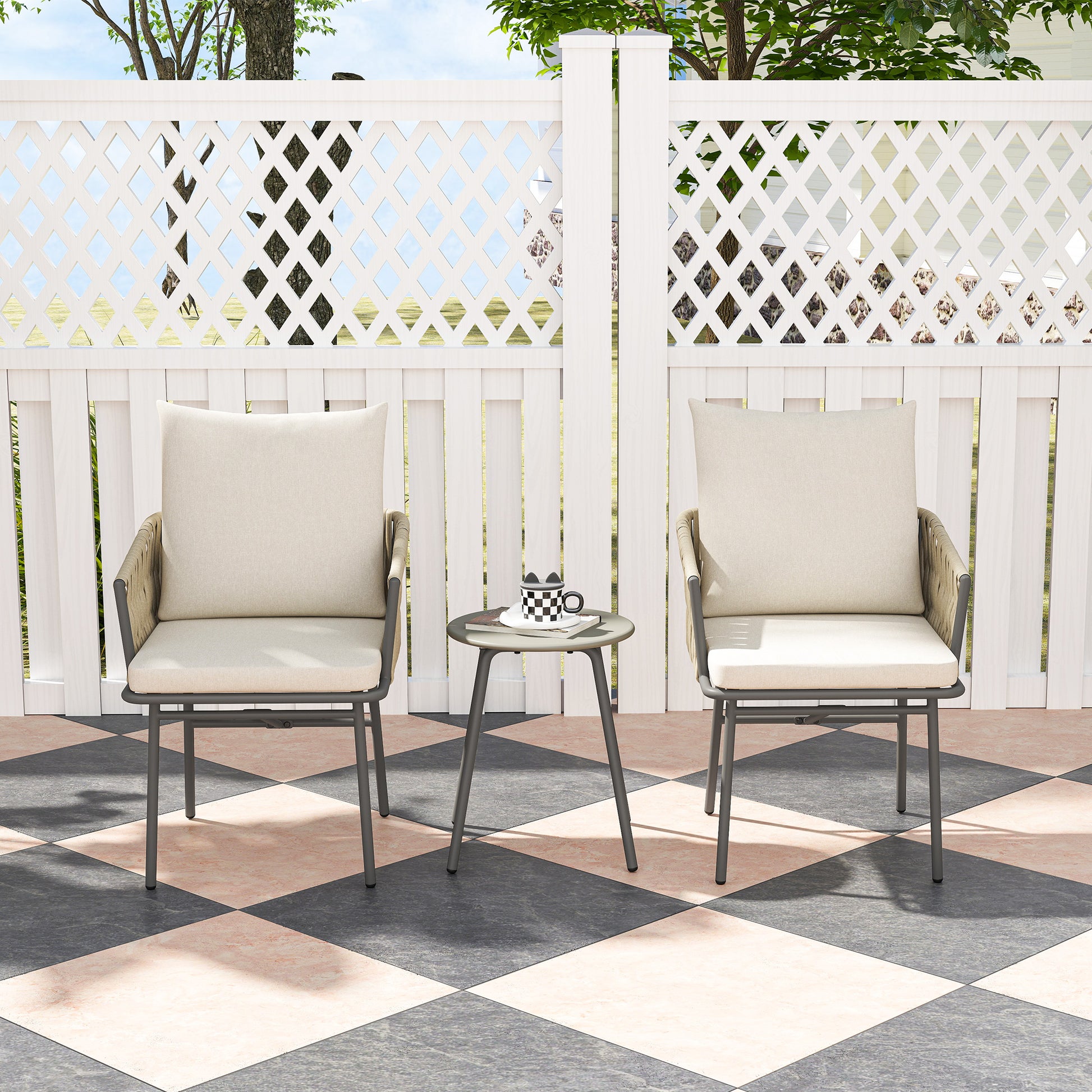 3-Piece Outdoor Garden Set Furniture with 2 Chairs with Removable Washable Cushions and Waterproof Anti-UV Metal Topped Terrace Table for Balcony Patio Gray and Cream