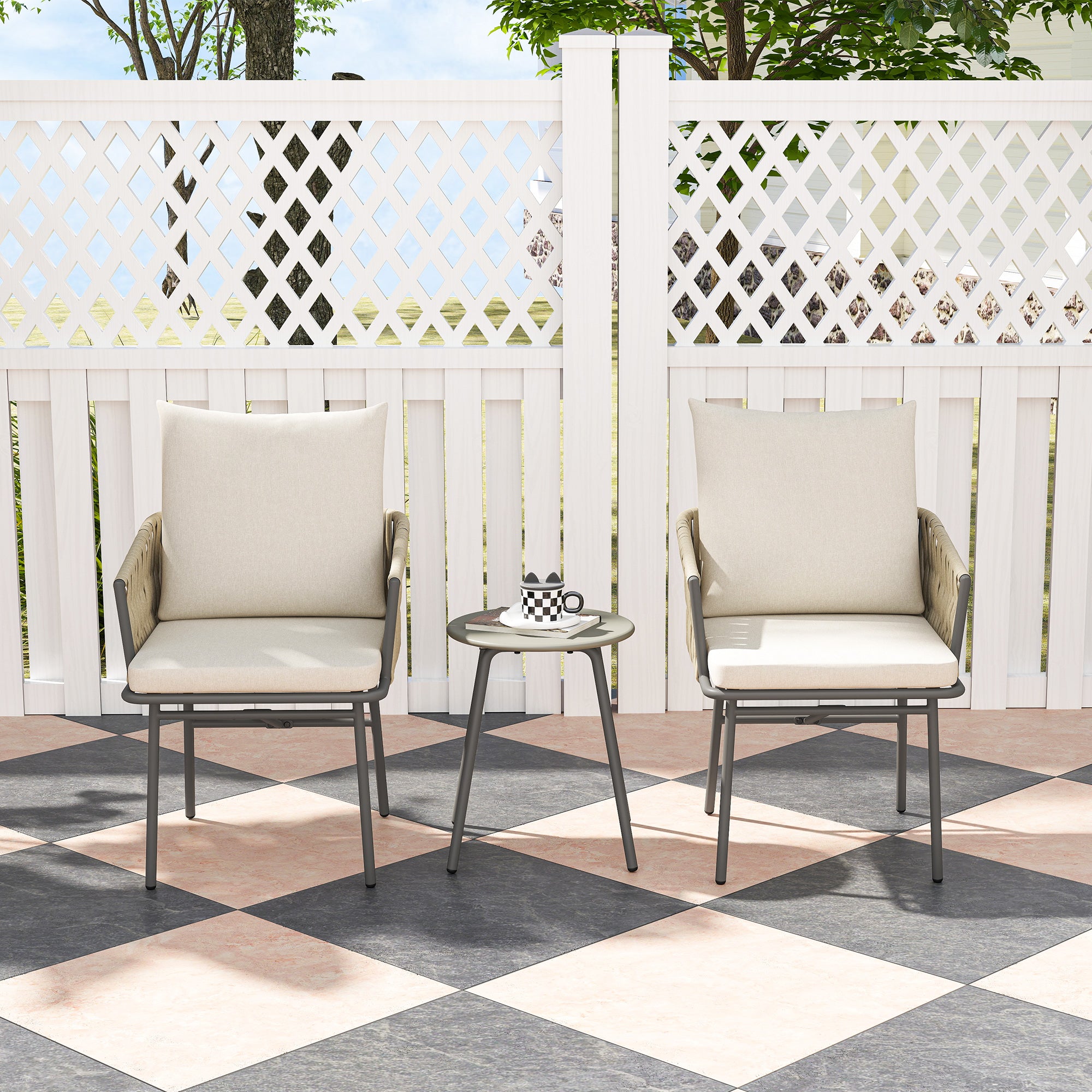 3-Piece Outdoor Garden Set Furniture with 2 Chairs with Removable Washable Cushions and Waterproof Anti-UV Metal Topped Terrace Table for Balcony Patio Gray and Cream
