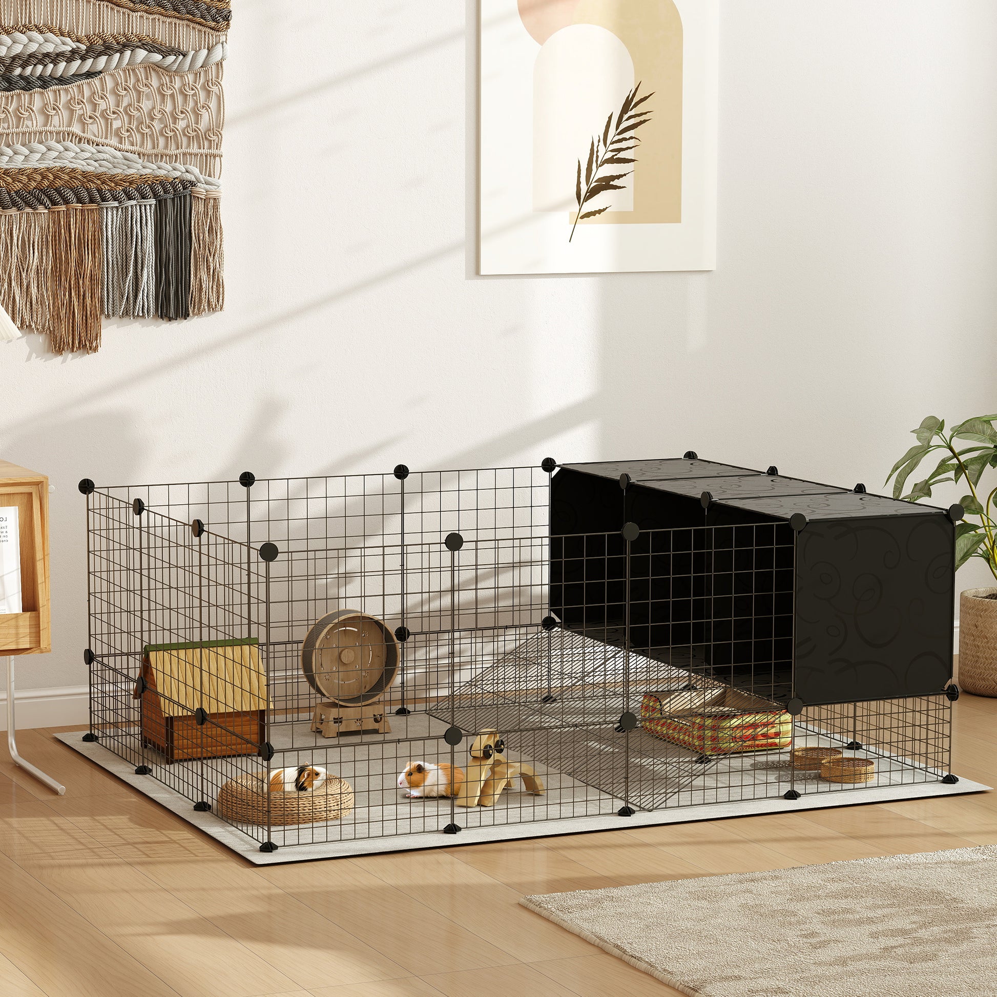 DIY Pet Fence Rabbit Park Rabbit Enclosure with 39 Panels and 3 Nests for Guinea Pigs, Rabbits, and Hedgehogs Black
