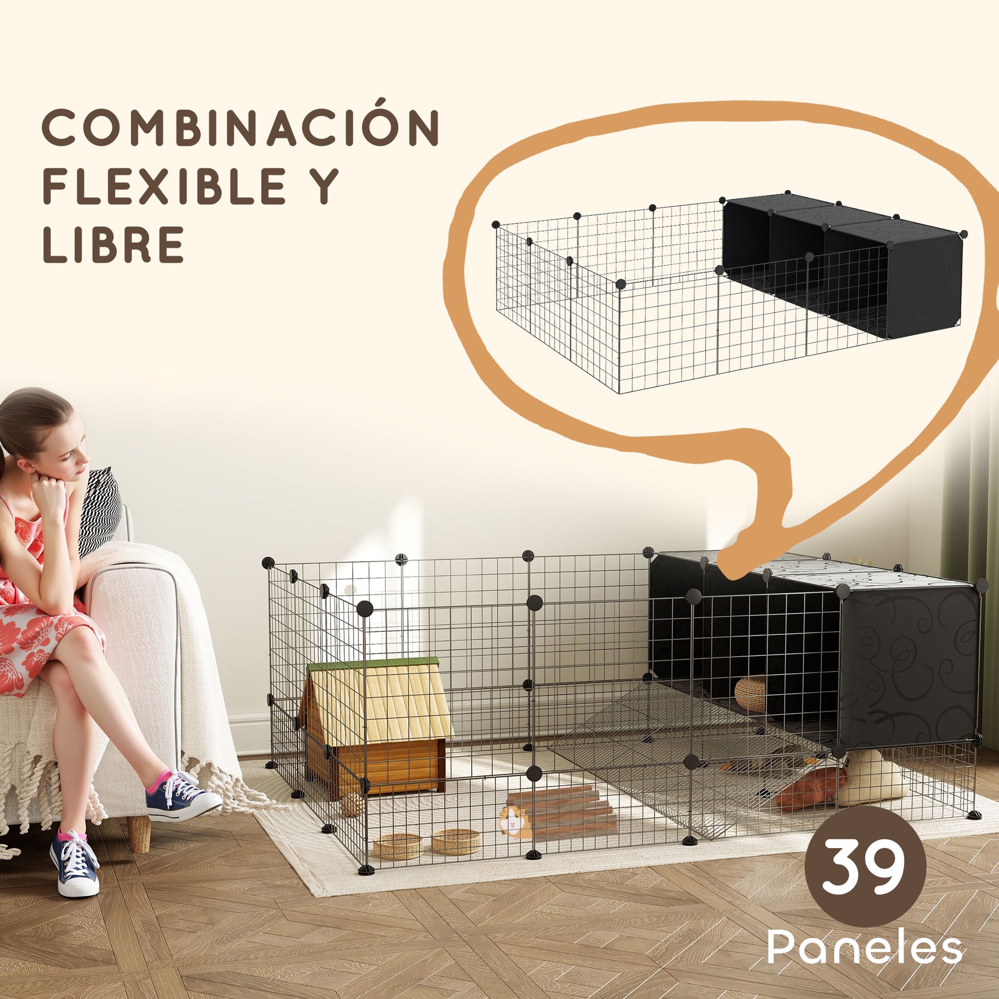 DIY Pet Fence Rabbit Park Rabbit Enclosure with 39 Panels and 3 Nests for Guinea Pigs, Rabbits, and Hedgehogs Black