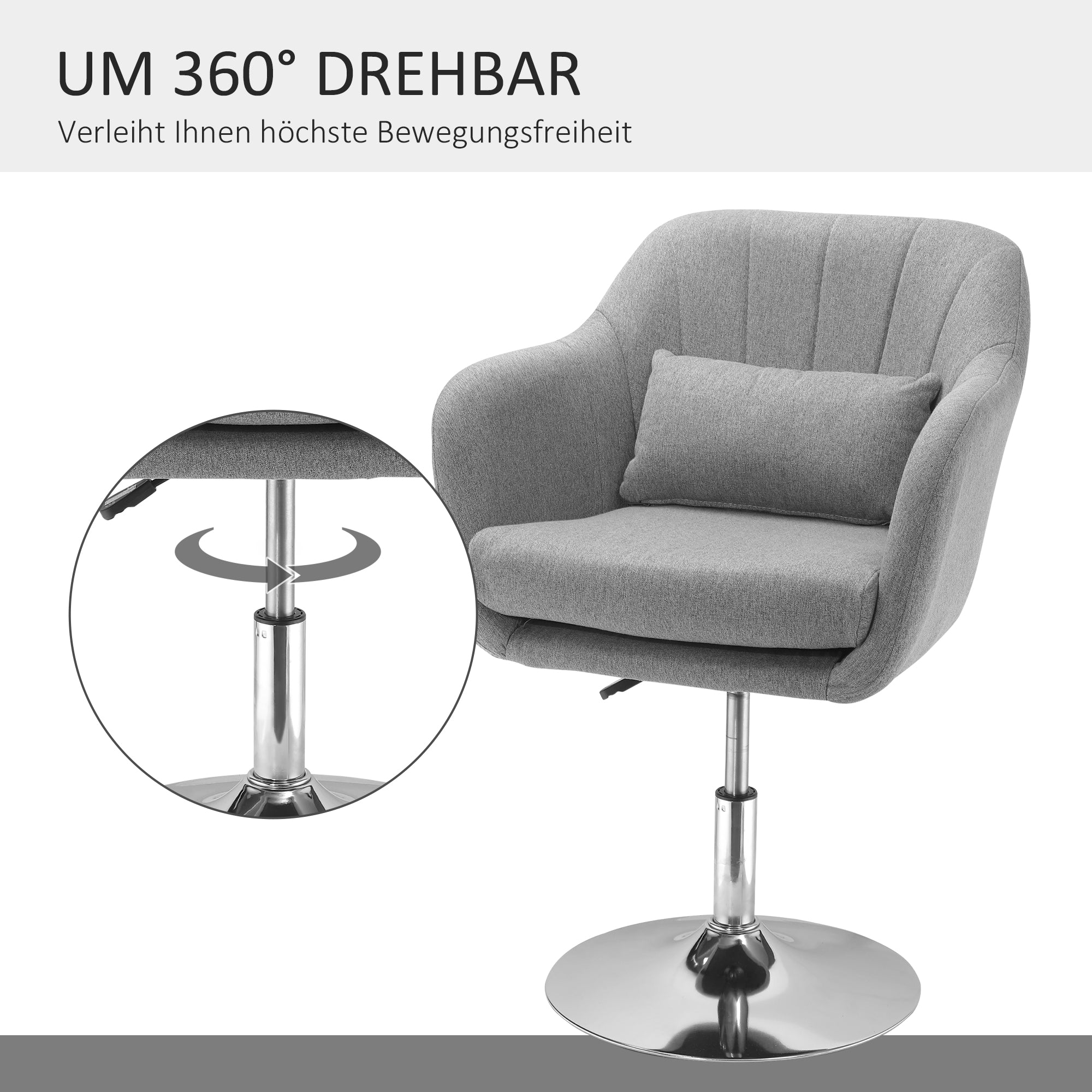 Armchair Lounge Chair with Armrest, Lumbar Pillow, Padded Recliner with Metal Frame, Linen Look, Height Adjustable Swivel Chair for Bedroom, Living Room, Gray