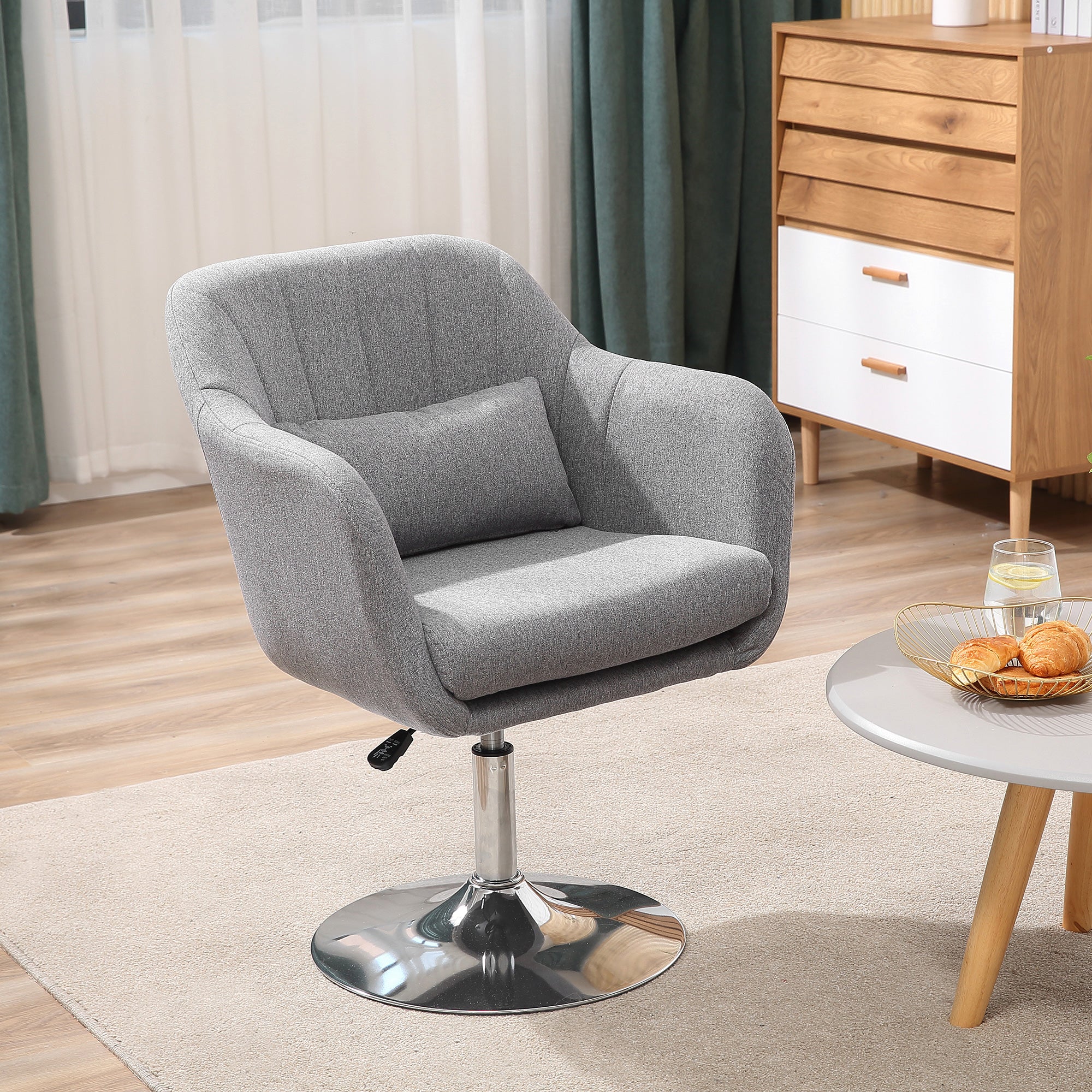 Armchair Lounge Chair with Armrest, Lumbar Pillow, Padded Recliner with Metal Frame, Linen Look, Height Adjustable Swivel Chair for Bedroom, Living Room, Gray