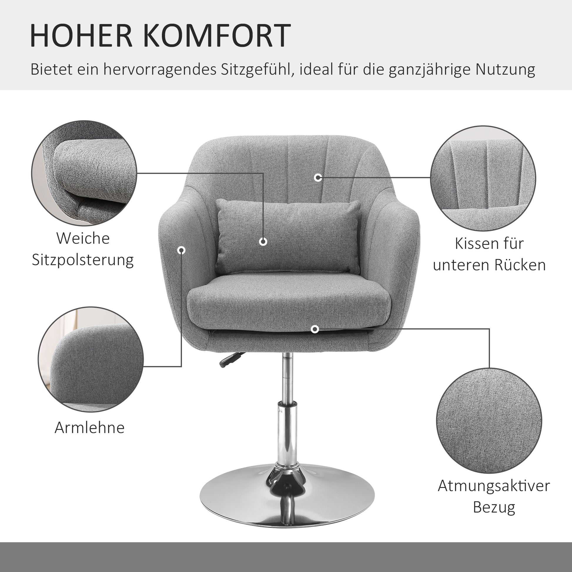 Armchair Lounge Chair with Armrest, Lumbar Pillow, Padded Recliner with Metal Frame, Linen Look, Height Adjustable Swivel Chair for Bedroom, Living Room, Gray