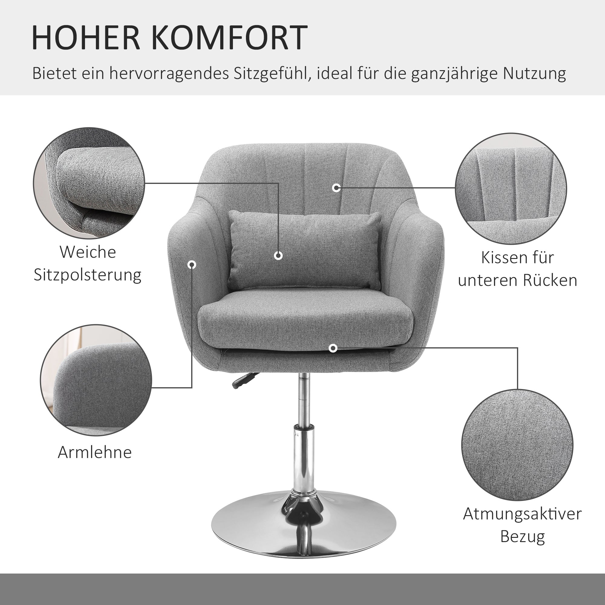 Armchair Lounge Chair with Armrest, Lumbar Pillow, Padded Recliner with Metal Frame, Linen Look, Height Adjustable Swivel Chair for Bedroom, Living Room, Gray