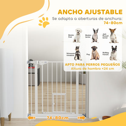 Pet Safety Gate Pet Gate Expandable with Small Lockable Door and Double Locking System for Doorway Hallway Staircase 74-80x76.2 cm White