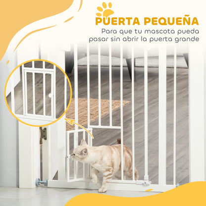 Pet Safety Gate Pet Gate Expandable with Small Lockable Door and Double Locking System for Doorway Hallway Staircase 74-80x76.2 cm White