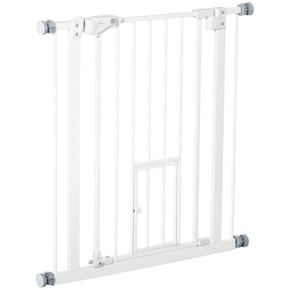 Pet Safety Gate Pet Gate Expandable with Small Lockable Door and Double Locking System for Doorway Hallway Staircase 74-80x76.2 cm White
