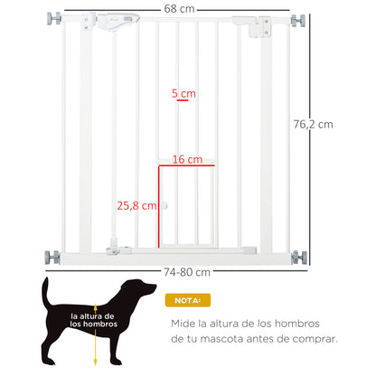 Pet Safety Gate Pet Gate Expandable with Small Lockable Door and Double Locking System for Doorway Hallway Staircase 74-80x76.2 cm White