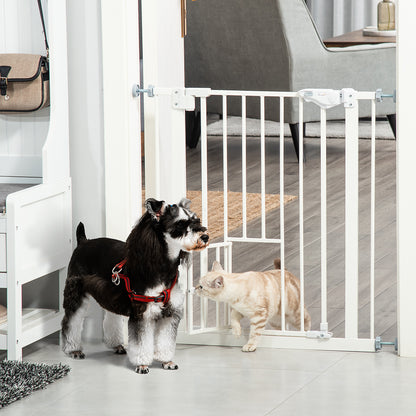 Pet Safety Gate Pet Gate Expandable with Small Lockable Door and Double Locking System for Doorway Hallway Staircase 74-80x76.2 cm White