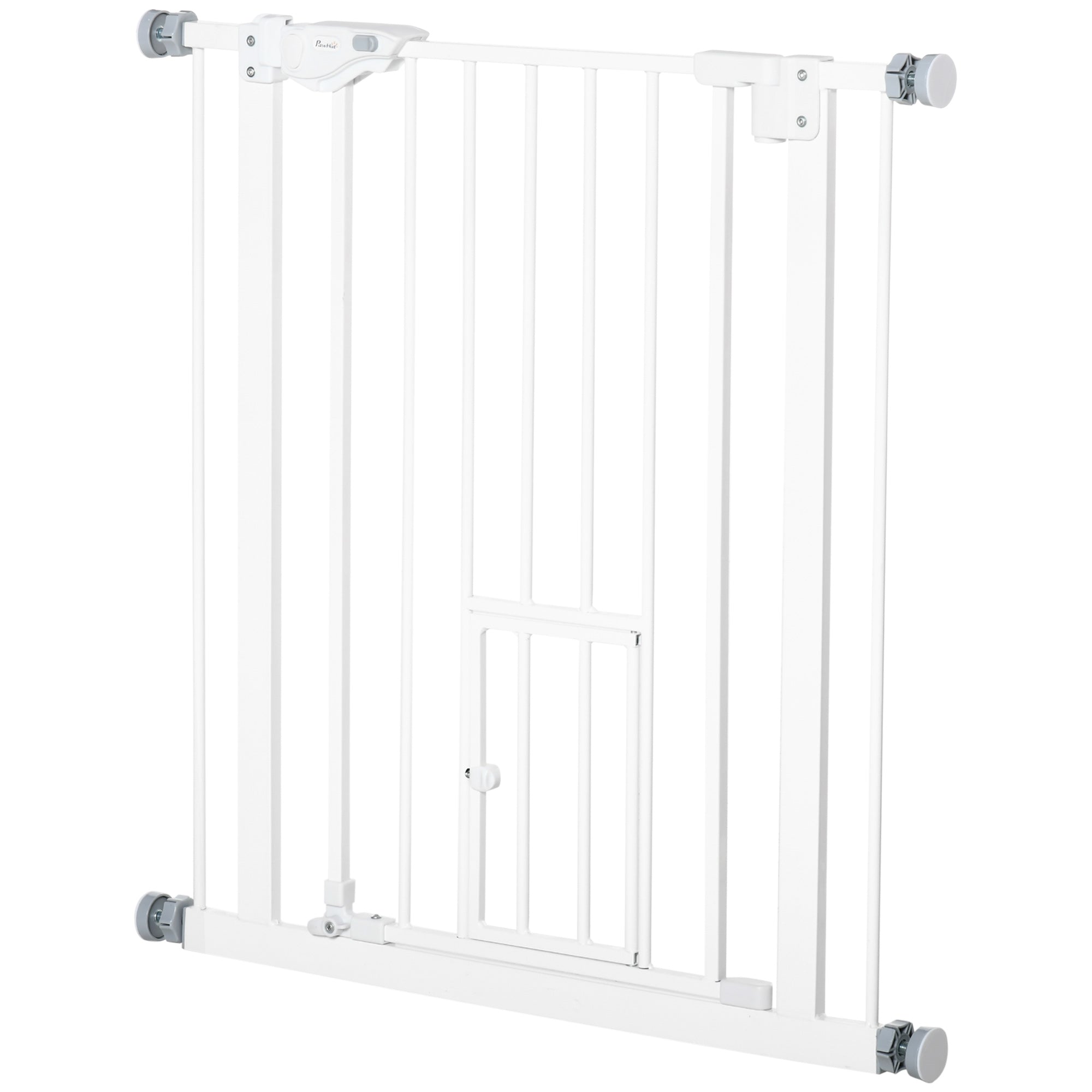 Pet Safety Gate Pet Gate Expandable with Small Lockable Door and Double Locking System for Doorway Hallway Staircase 74-80x76.2 cm White