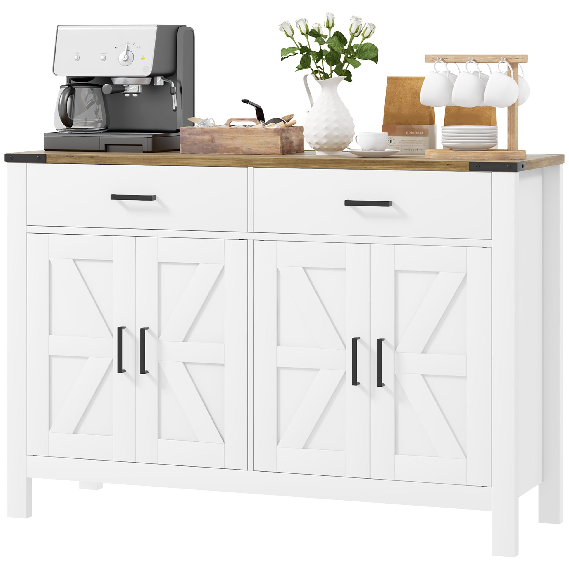 Rural Style Kitchen Storage Cabinet Buffet Cabinet with 2 Drawers and 2 Cupboards with Adjustable Shelves, for Kitchen, Dining Room, Living Room, 120 x 39.3 x 82.5 cm, White