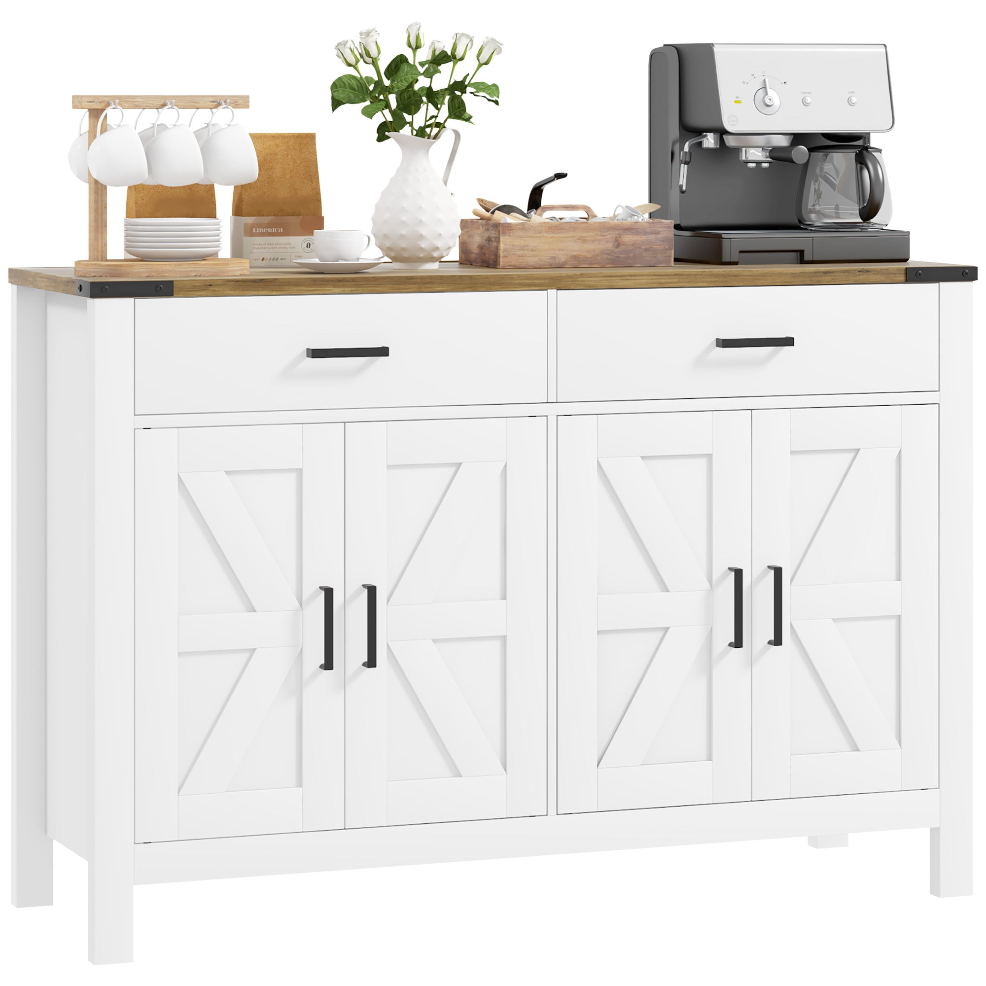 Rural Style Kitchen Storage Cabinet Buffet Cabinet with 2 Drawers and 2 Cupboards with Adjustable Shelves, for Kitchen, Dining Room, Living Room, 120 x 39.3 x 82.5 cm, White