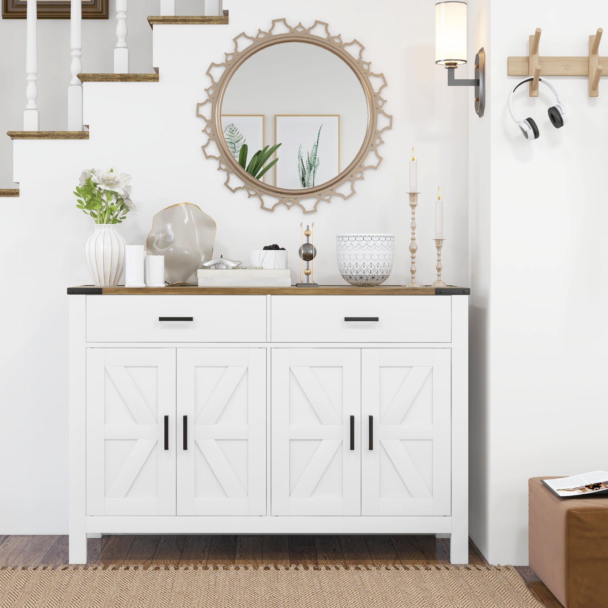 Rural Style Kitchen Storage Cabinet Buffet Cabinet with 2 Drawers and 2 Cupboards with Adjustable Shelves, for Kitchen, Dining Room, Living Room, 120 x 39.3 x 82.5 cm, White