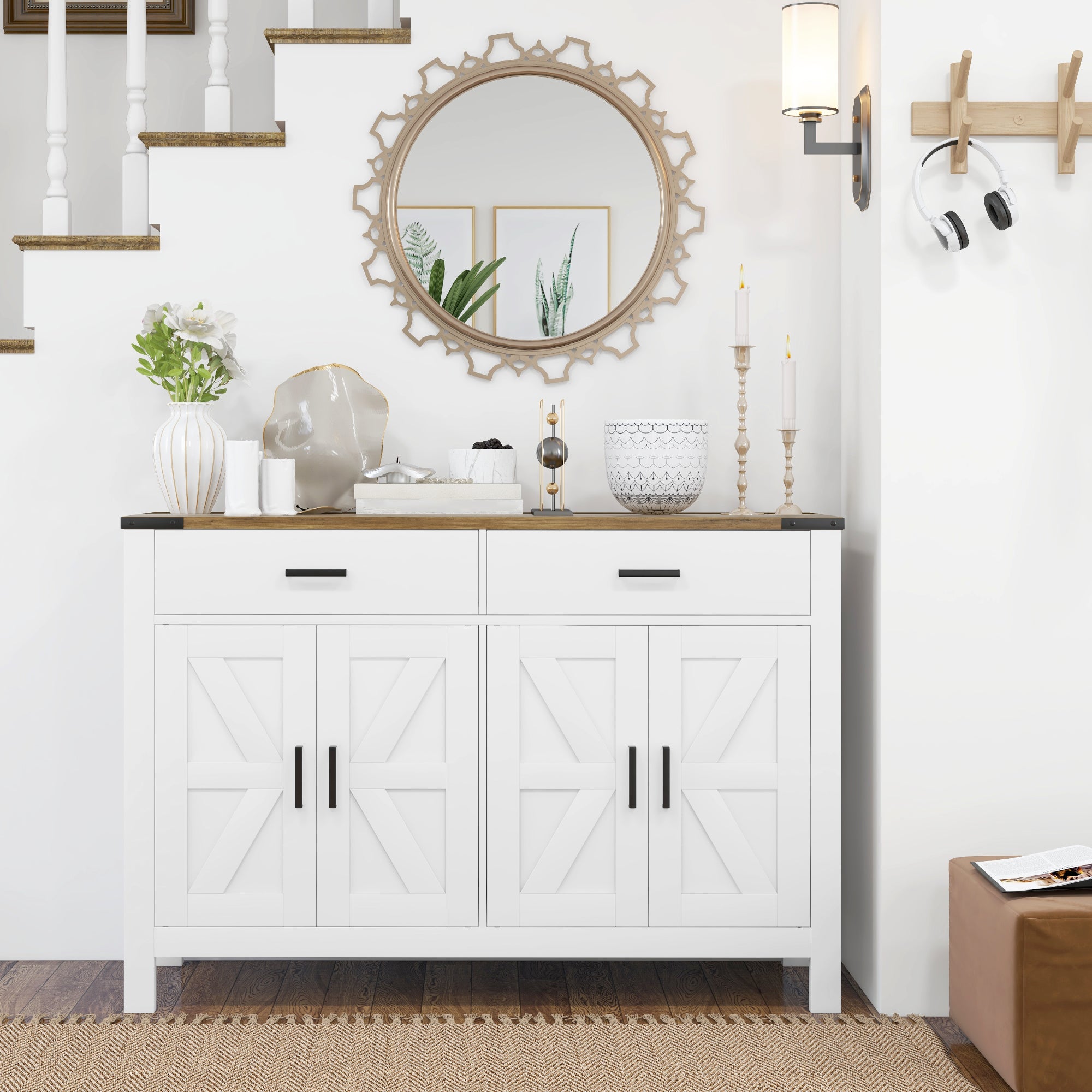 Rural Style Kitchen Storage Cabinet Buffet Cabinet with 2 Drawers and 2 Cupboards with Adjustable Shelves, for Kitchen, Dining Room, Living Room, 120 x 39.3 x 82.5 cm, White