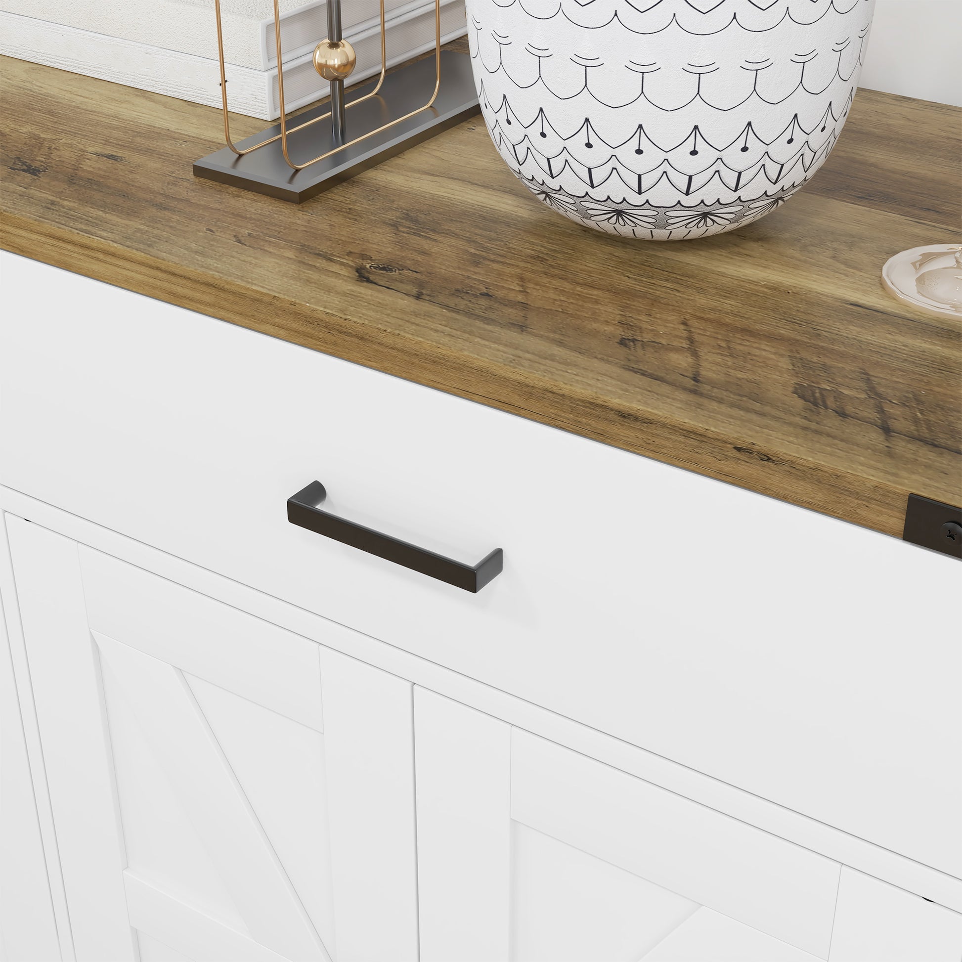 Rural Style Kitchen Storage Cabinet Buffet Cabinet with 2 Drawers and 2 Cupboards with Adjustable Shelves, for Kitchen, Dining Room, Living Room, 120 x 39.3 x 82.5 cm, White