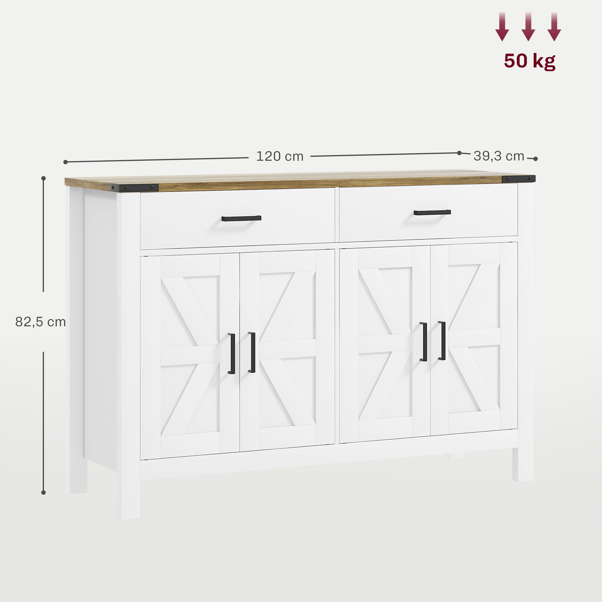 Rural Style Kitchen Storage Cabinet Buffet Cabinet with 2 Drawers and 2 Cupboards with Adjustable Shelves, for Kitchen, Dining Room, Living Room, 120 x 39.3 x 82.5 cm, White