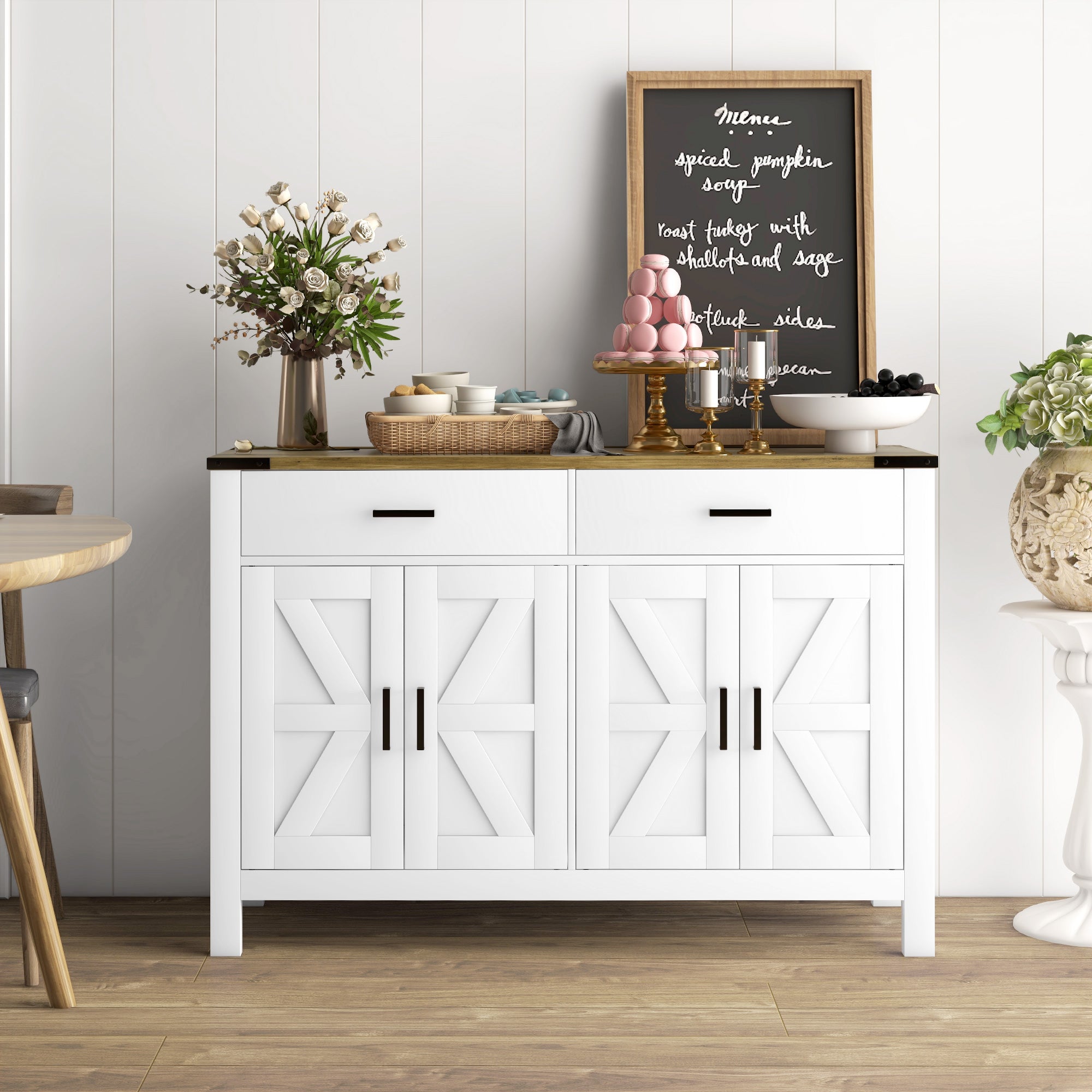 Rural Style Kitchen Storage Cabinet Buffet Cabinet with 2 Drawers and 2 Cupboards with Adjustable Shelves, for Kitchen, Dining Room, Living Room, 120 x 39.3 x 82.5 cm, White