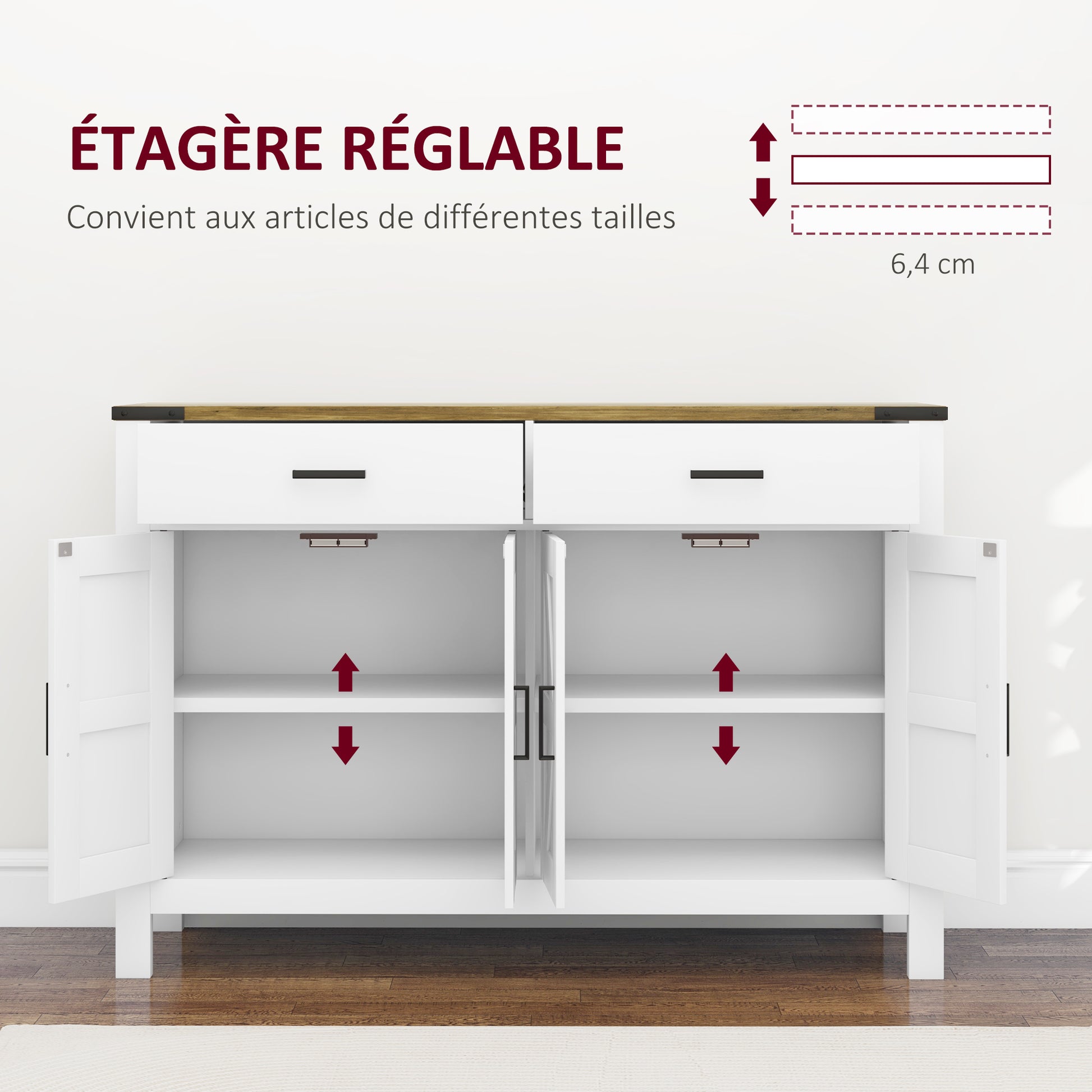 Rural Style Kitchen Storage Cabinet Buffet Cabinet with 2 Drawers and 2 Cupboards with Adjustable Shelves, for Kitchen, Dining Room, Living Room, 120 x 39.3 x 82.5 cm, White