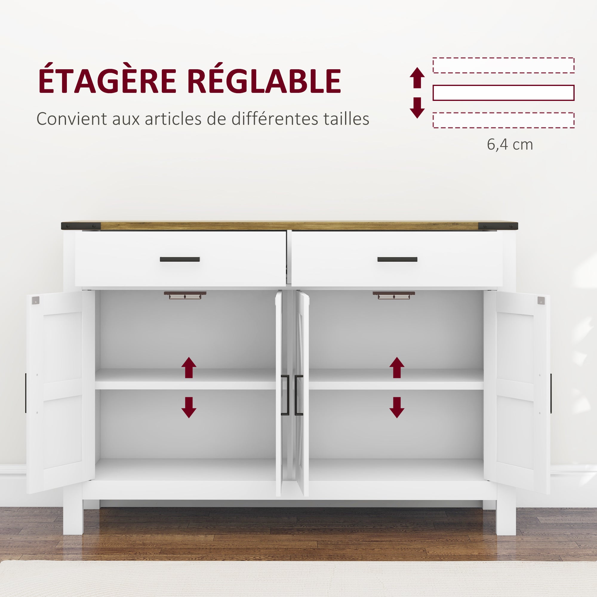 Rural Style Kitchen Storage Cabinet Buffet Cabinet with 2 Drawers and 2 Cupboards with Adjustable Shelves, for Kitchen, Dining Room, Living Room, 120 x 39.3 x 82.5 cm, White