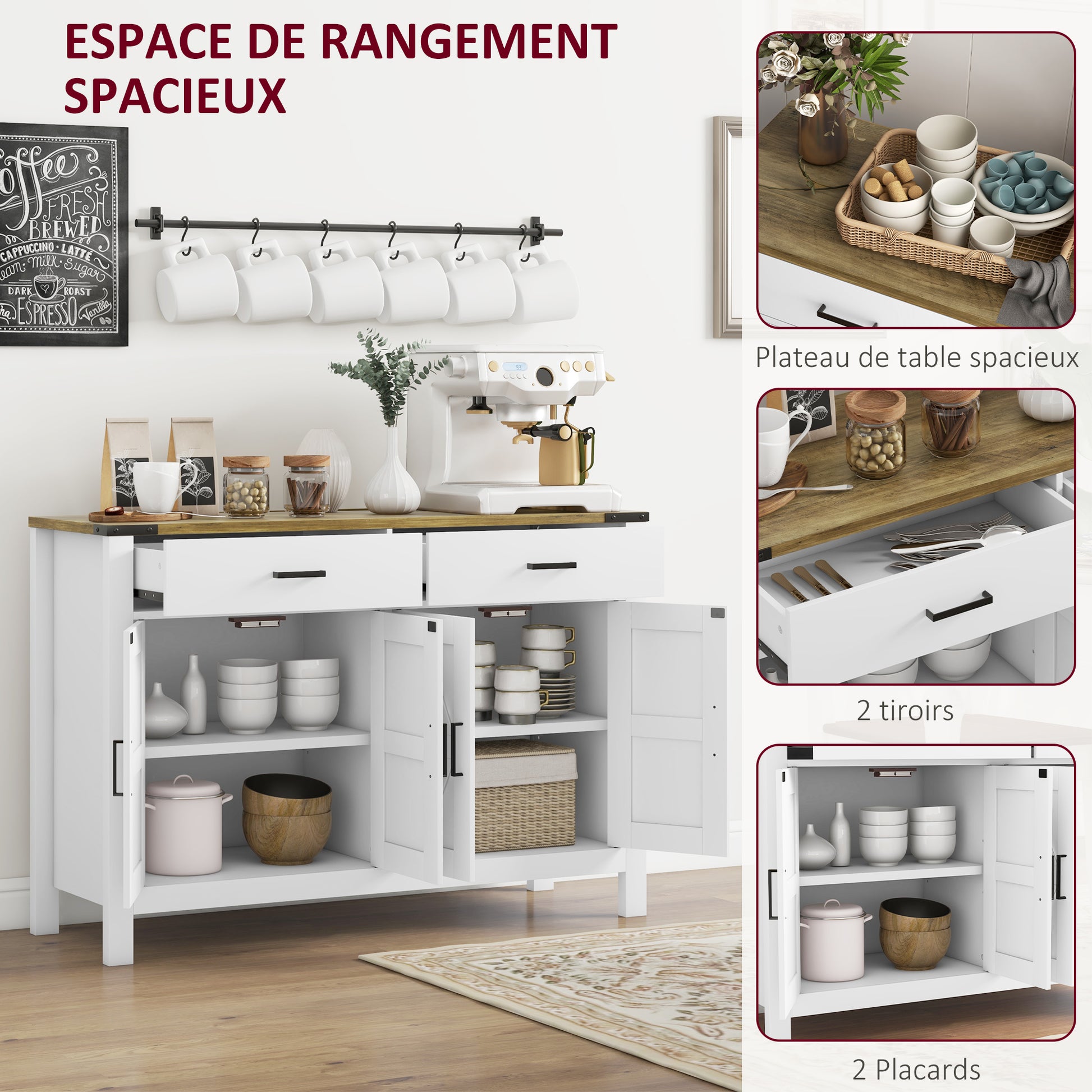 Rural Style Kitchen Storage Cabinet Buffet Cabinet with 2 Drawers and 2 Cupboards with Adjustable Shelves, for Kitchen, Dining Room, Living Room, 120 x 39.3 x 82.5 cm, White