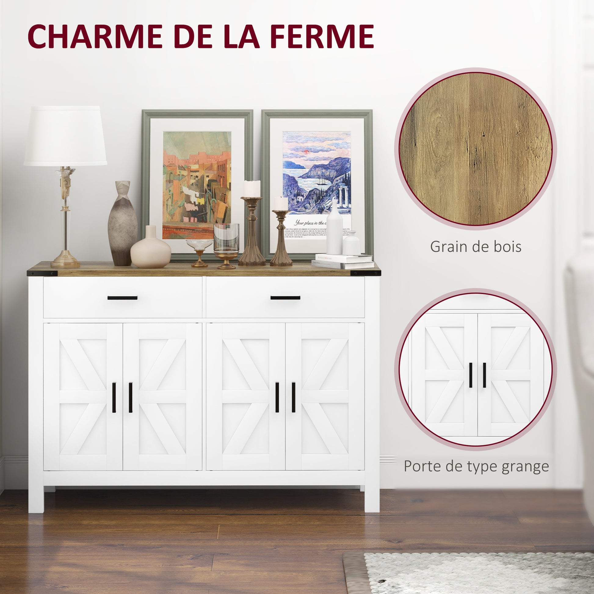 Rural Style Kitchen Storage Cabinet Buffet Cabinet with 2 Drawers and 2 Cupboards with Adjustable Shelves, for Kitchen, Dining Room, Living Room, 120 x 39.3 x 82.5 cm, White