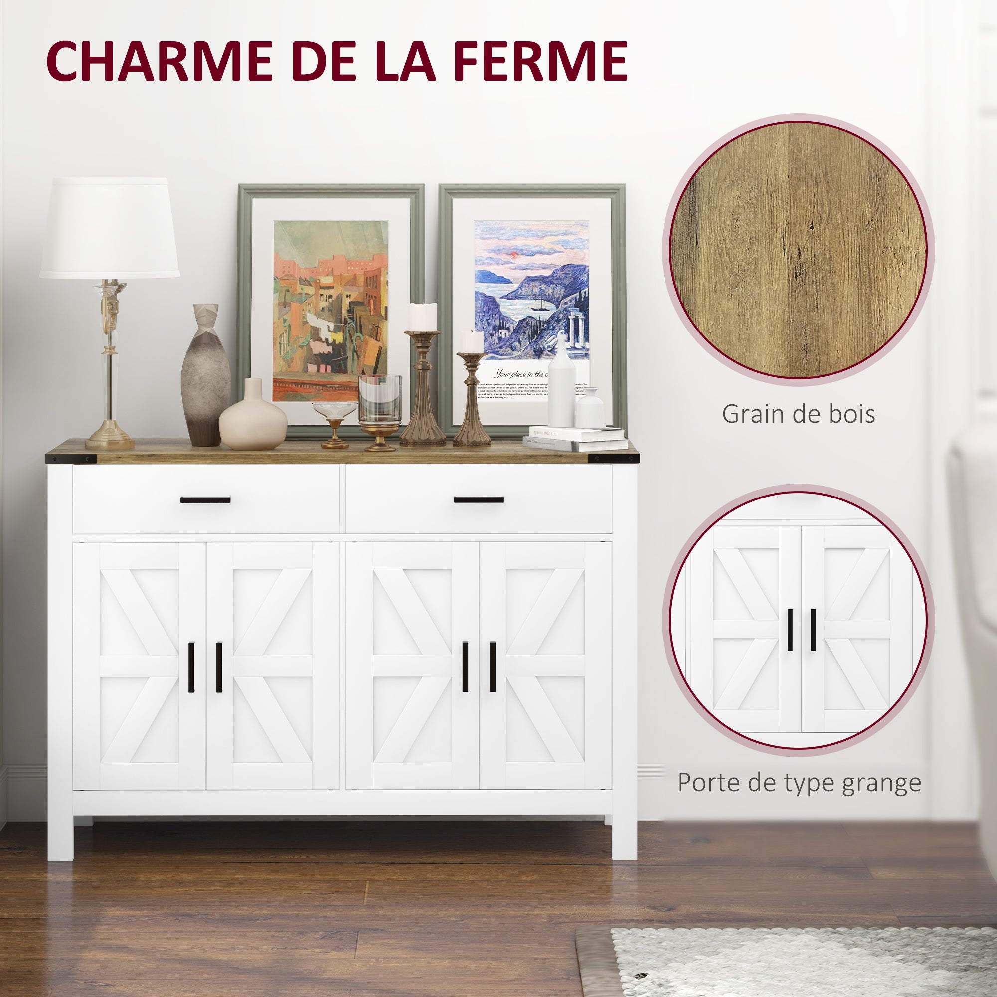 Rural Style Kitchen Storage Cabinet Buffet Cabinet with 2 Drawers and 2 Cupboards with Adjustable Shelves, for Kitchen, Dining Room, Living Room, 120 x 39.3 x 82.5 cm, White