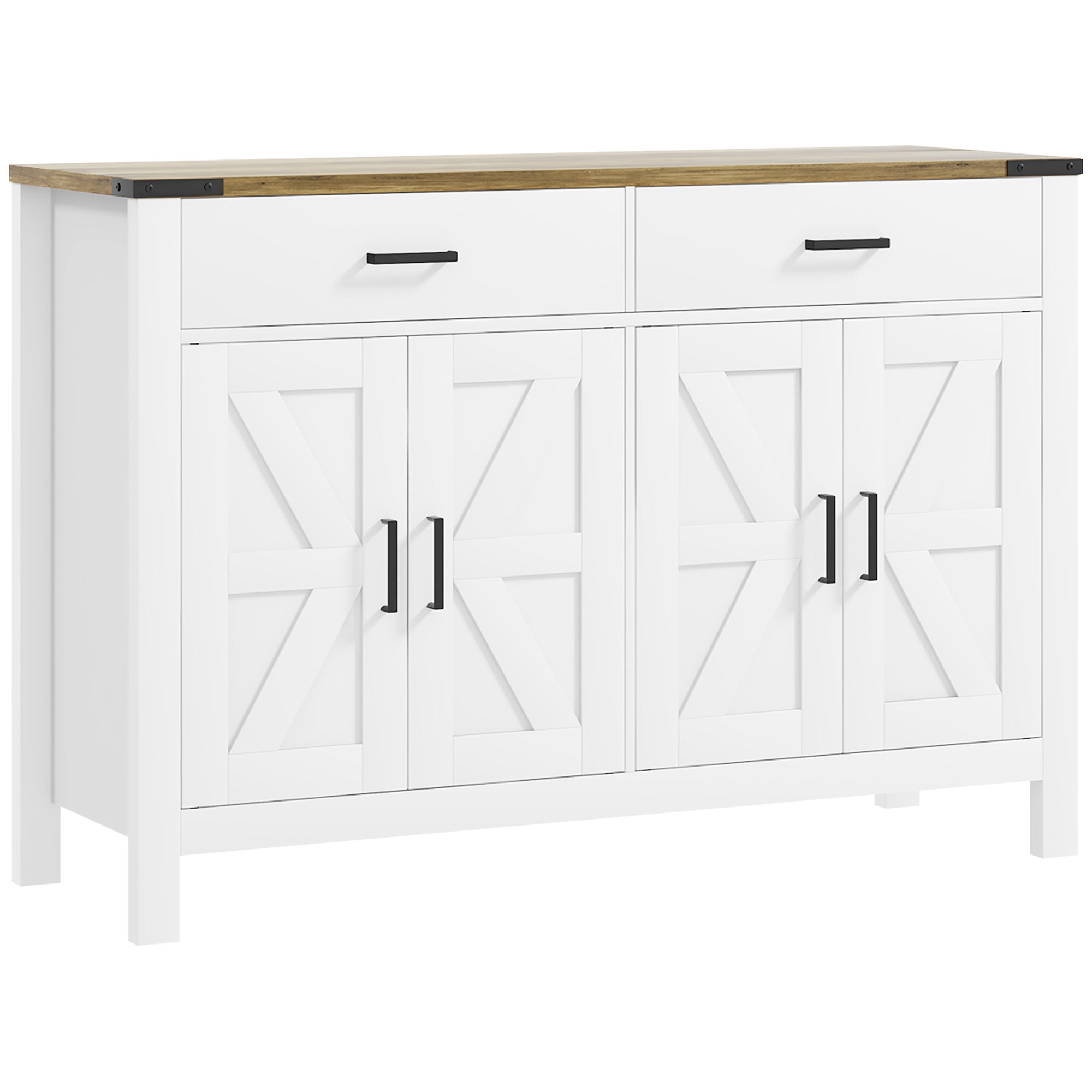 Rural Style Kitchen Storage Cabinet Buffet Cabinet with 2 Drawers and 2 Cupboards with Adjustable Shelves, for Kitchen, Dining Room, Living Room, 120 x 39.3 x 82.5 cm, White
