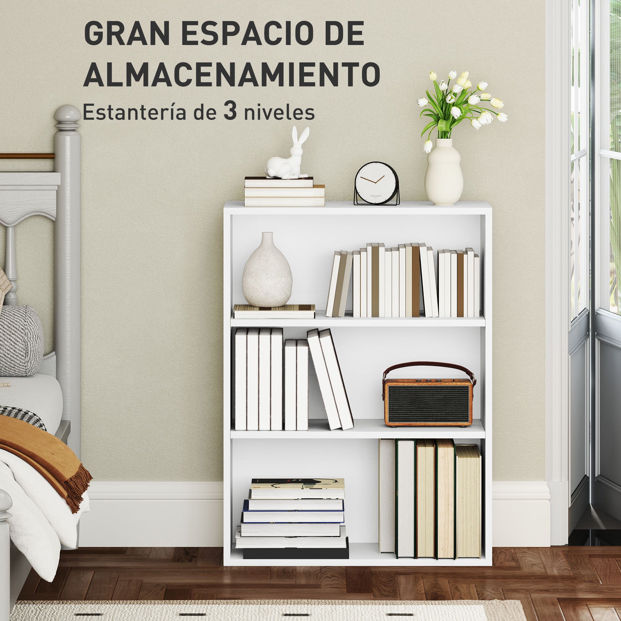 3-Tier Bookshelf Bookcase with 2 Adjustable Shelves for Living Room Office Bedroom 60x24x80 cm White
