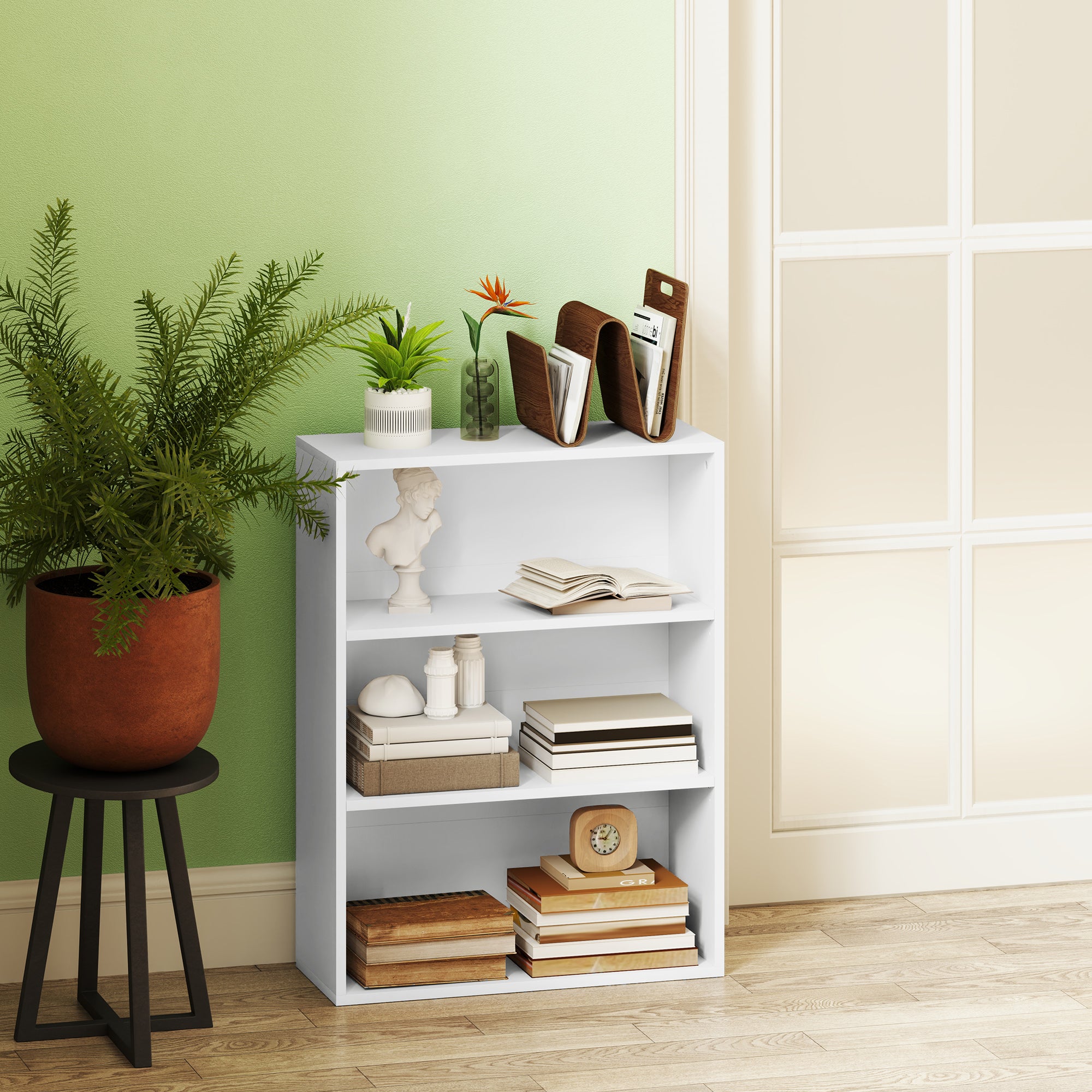 3-Tier Bookshelf Bookcase with 2 Adjustable Shelves for Living Room Office Bedroom 60x24x80 cm White