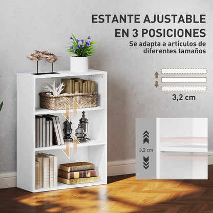 3-Tier Bookshelf Bookcase with 2 Adjustable Shelves for Living Room Office Bedroom 60x24x80 cm White