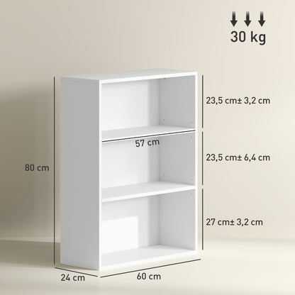 3-Tier Bookshelf Bookcase with 2 Adjustable Shelves for Living Room Office Bedroom 60x24x80 cm White