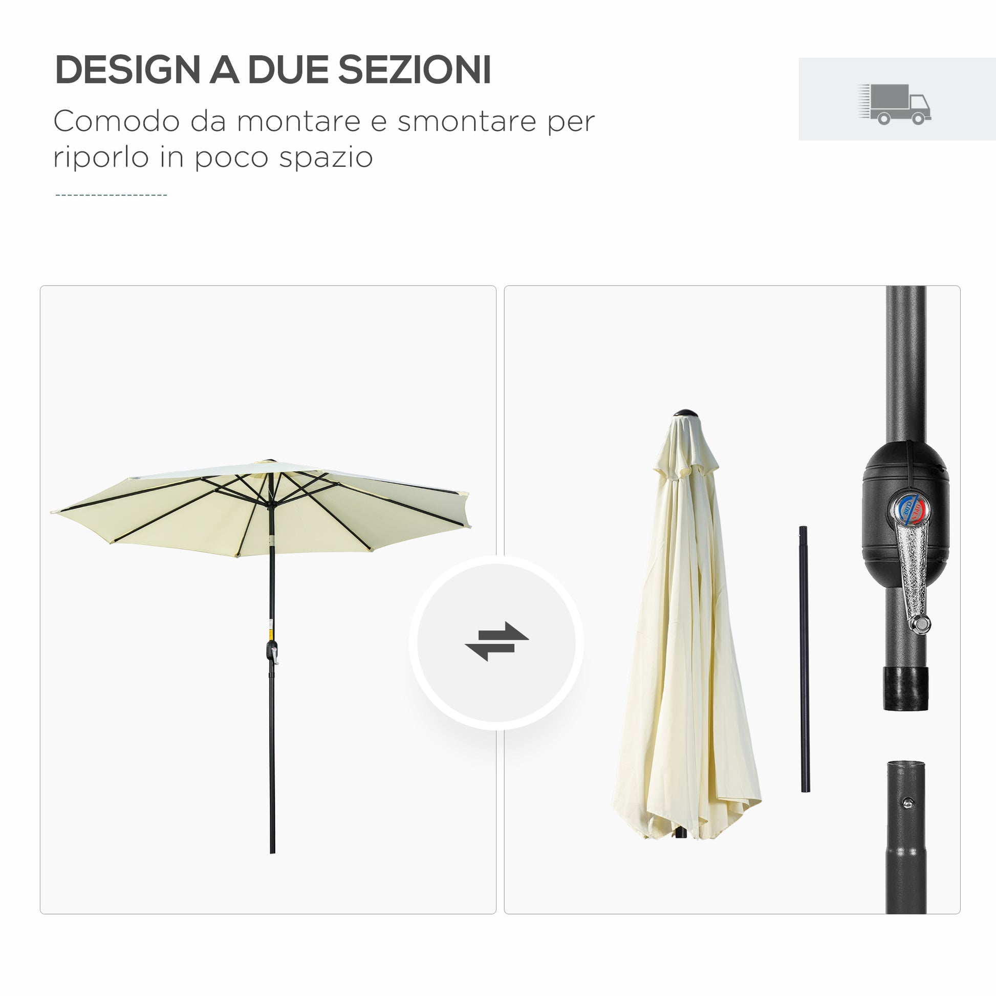 Outdoor Tilted Umbrella with 8 Ribs and Crank, Metal and Polyester Garden Umbrella, Ø295x250 cm, Beige
