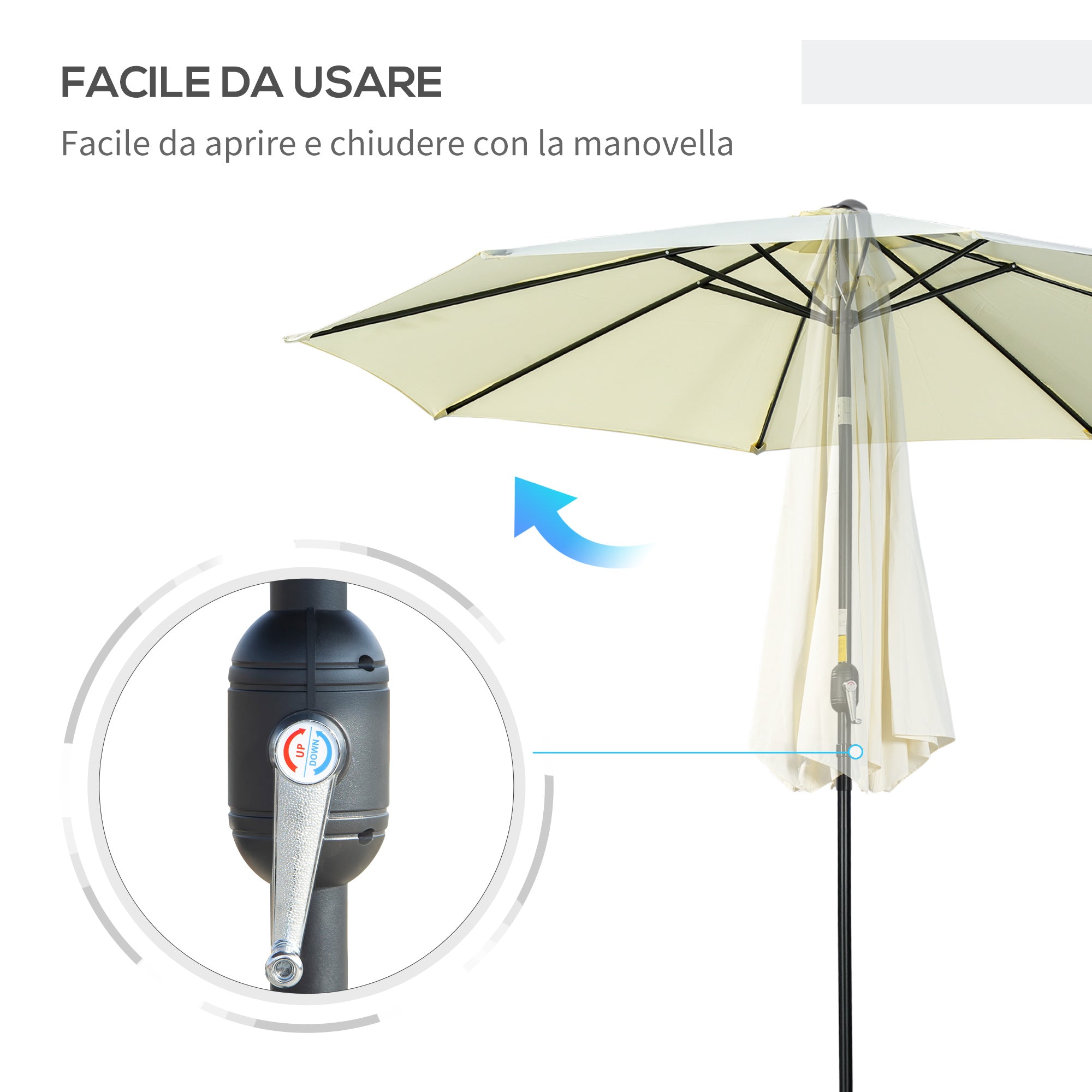 Outdoor Tilted Umbrella with 8 Ribs and Crank, Metal and Polyester Garden Umbrella, Ø295x250 cm, Beige