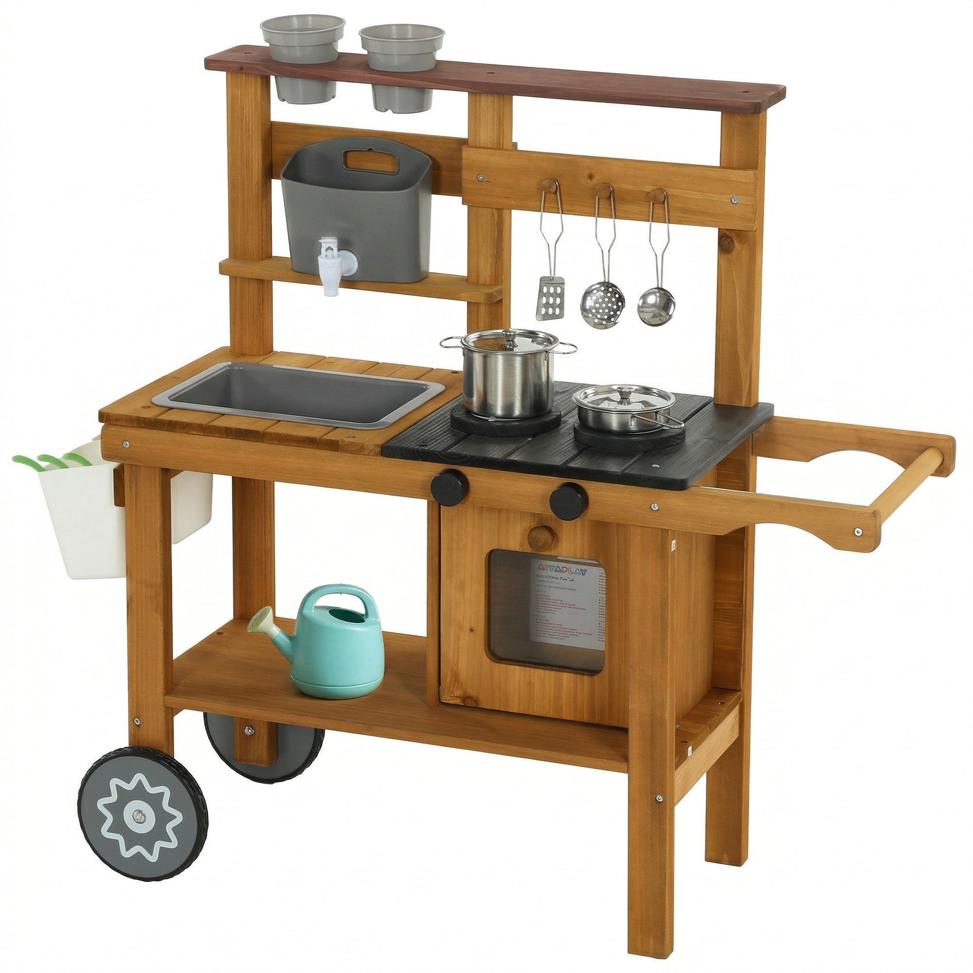 Kids Outdoor Mud Kitchen — Wooden Play Kitchen with Faucet, Sink, Planter, Wheels, Storage & Stainless-Steel Accessories for Ages 3–6, Brown