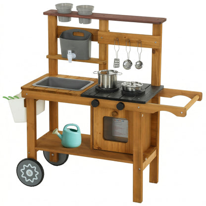 Kids Outdoor Mud Kitchen — Wooden Play Kitchen with Faucet, Sink, Planter, Wheels, Storage & Stainless-Steel Accessories for Ages 3–6, Brown